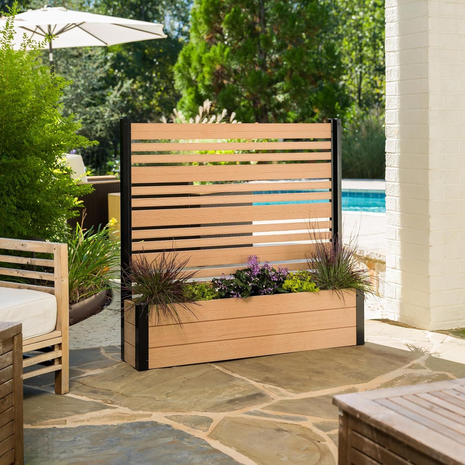 Cedar Freestanding Vinyl Privacy Screen with Planter Box