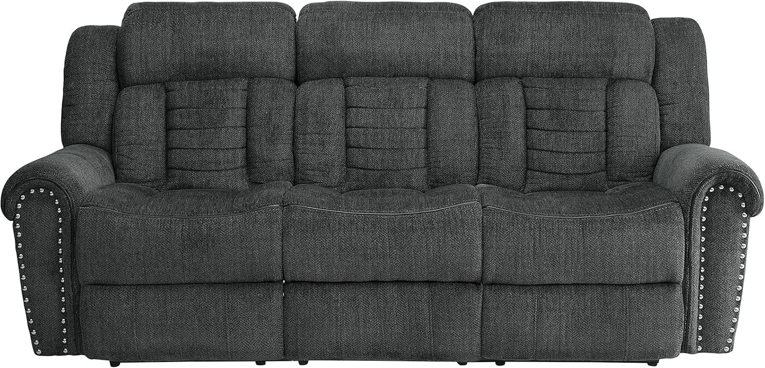 Transitional Charcoal Gray Fabric Reclining Sofa with Nailhead Accents