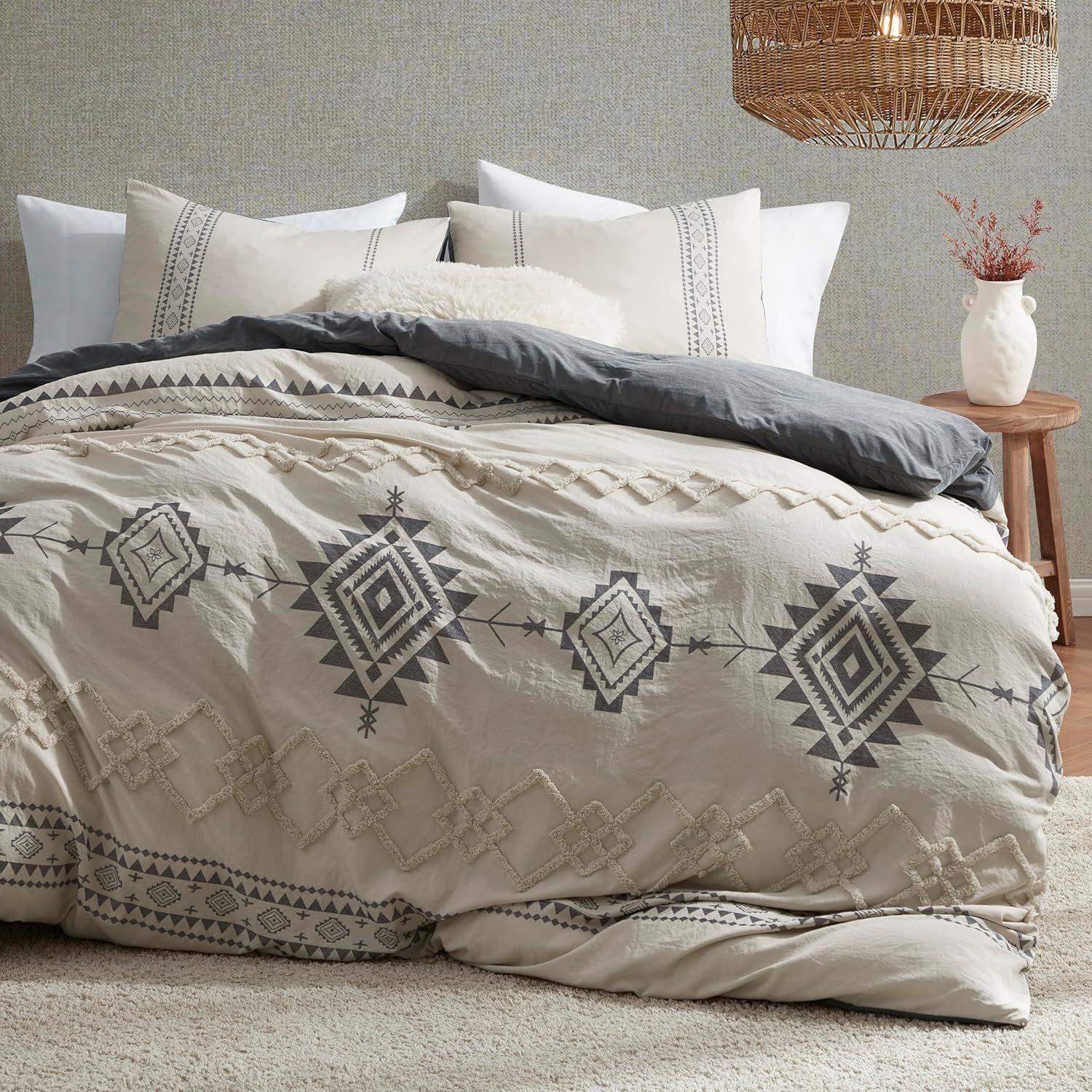 Boho Beige and Gray Queen Microfiber Duvet Cover Set
