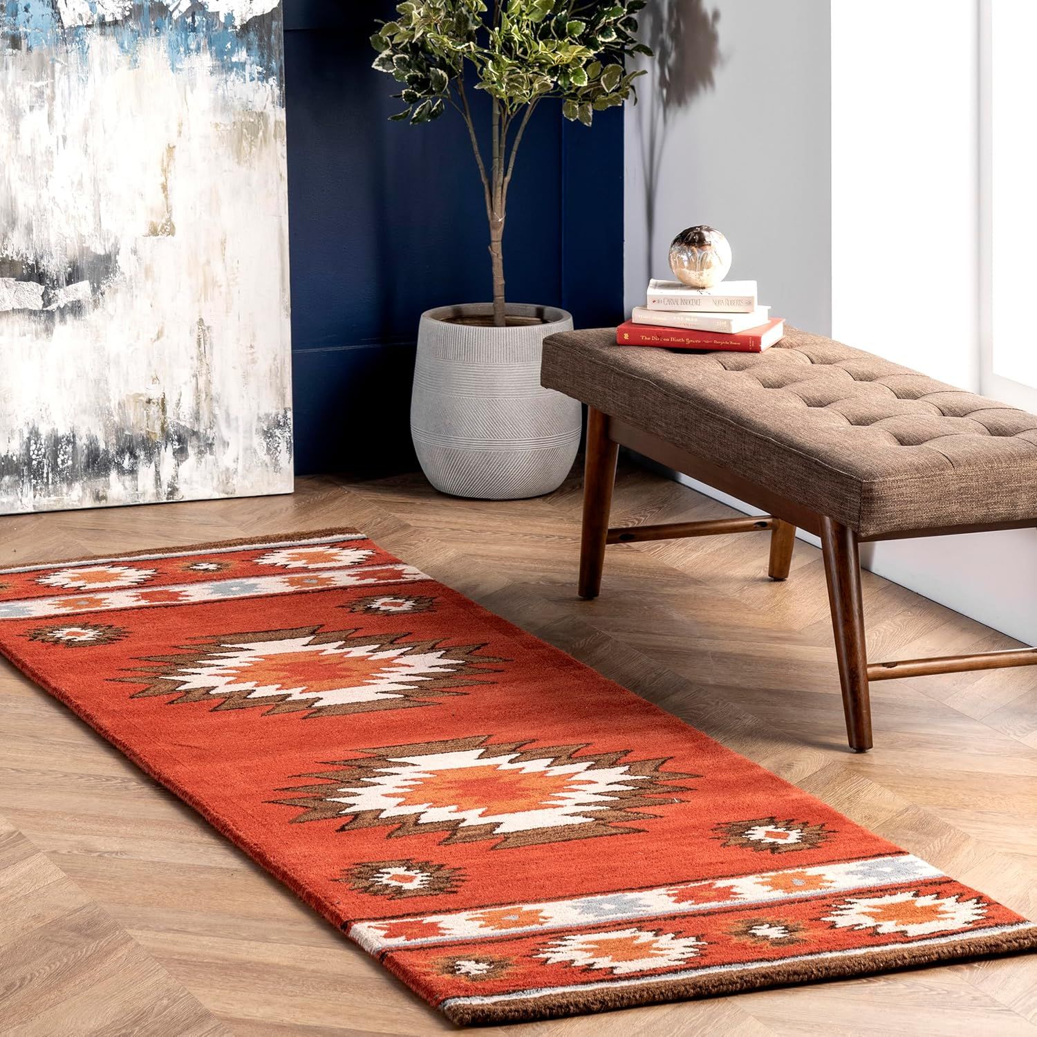 Handmade Tufted Wool Sage and Orange Aztec Rug