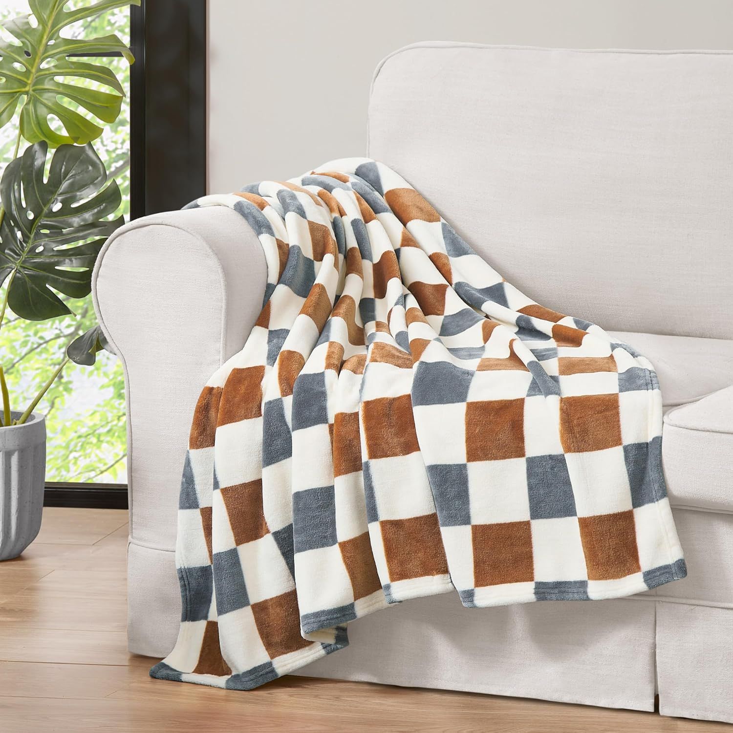 Rust and Gray Checkerboard Plush Polyester Throw Blanket 50" x 70"