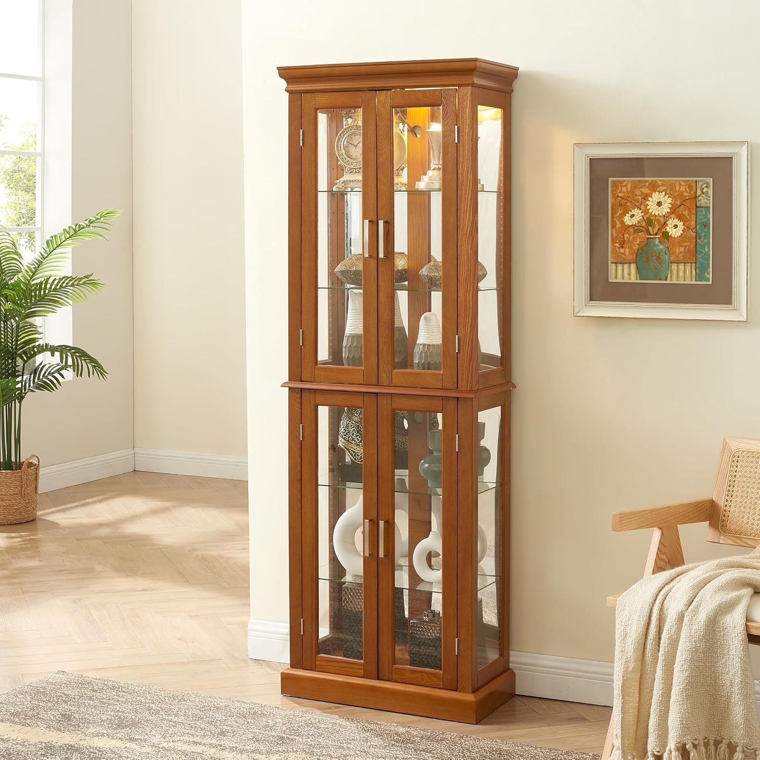 Oak Lighted Curio Cabinet with Tempered Glass Shelves