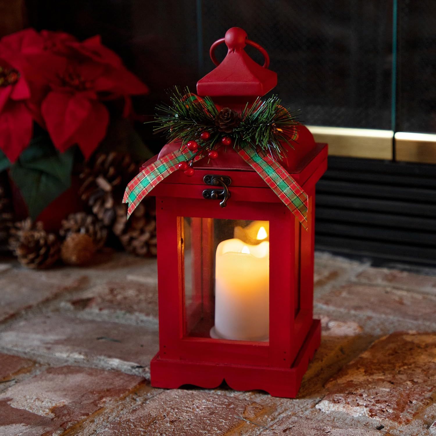 Red Metal and Glass Christmas Lantern with LED Candle