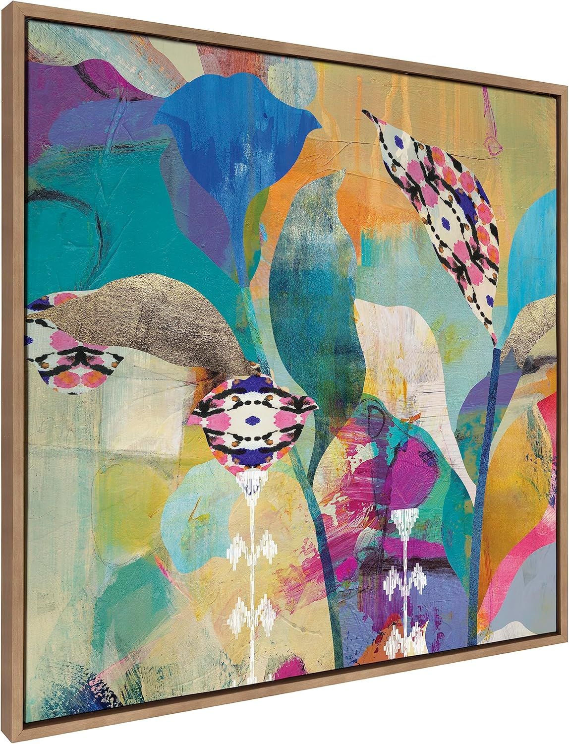 Colorful Abstract Floral Canvas Wall Art with Gold Frame, 30x30