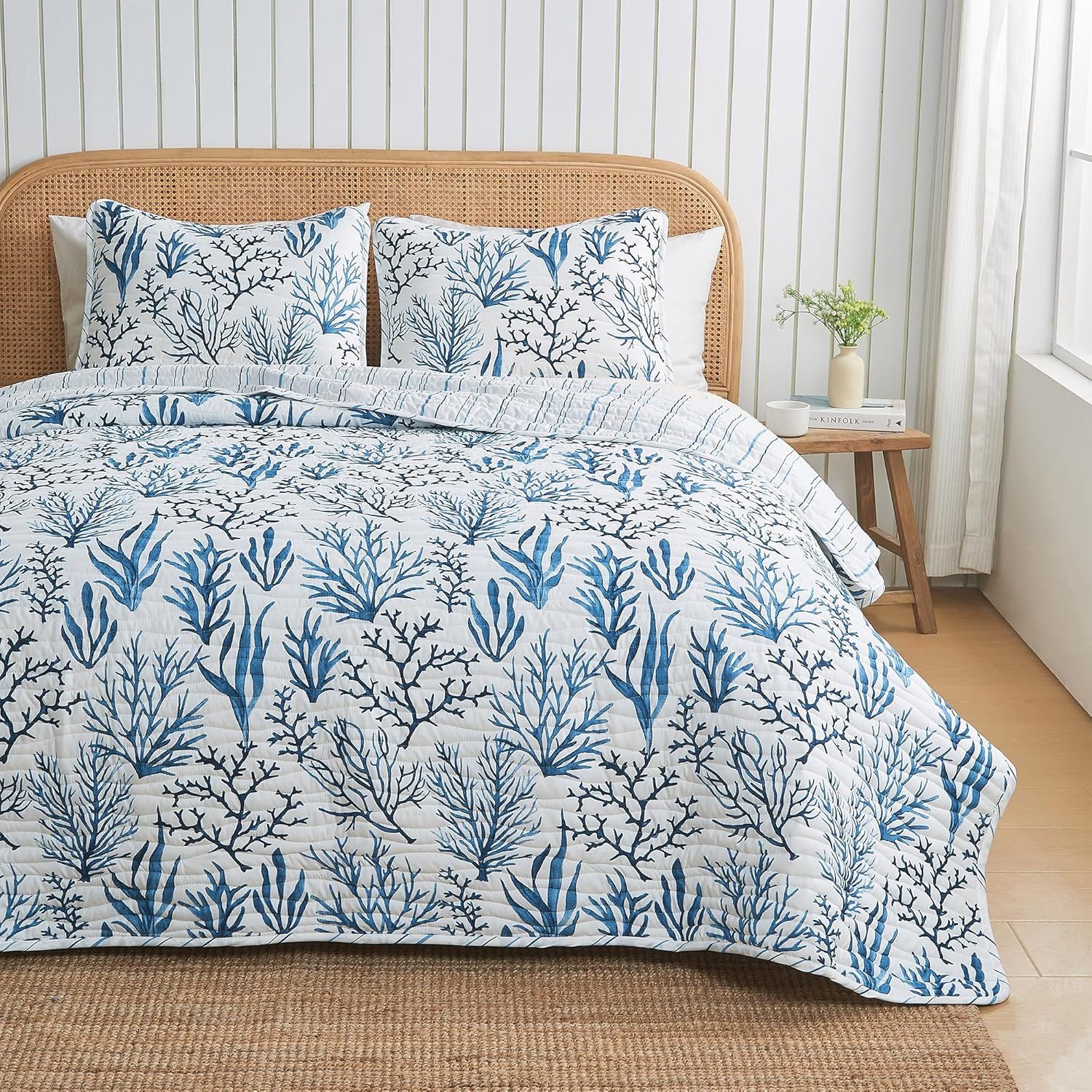 Navy Coral Twin Reversible Microfiber Coastal Quilt Set