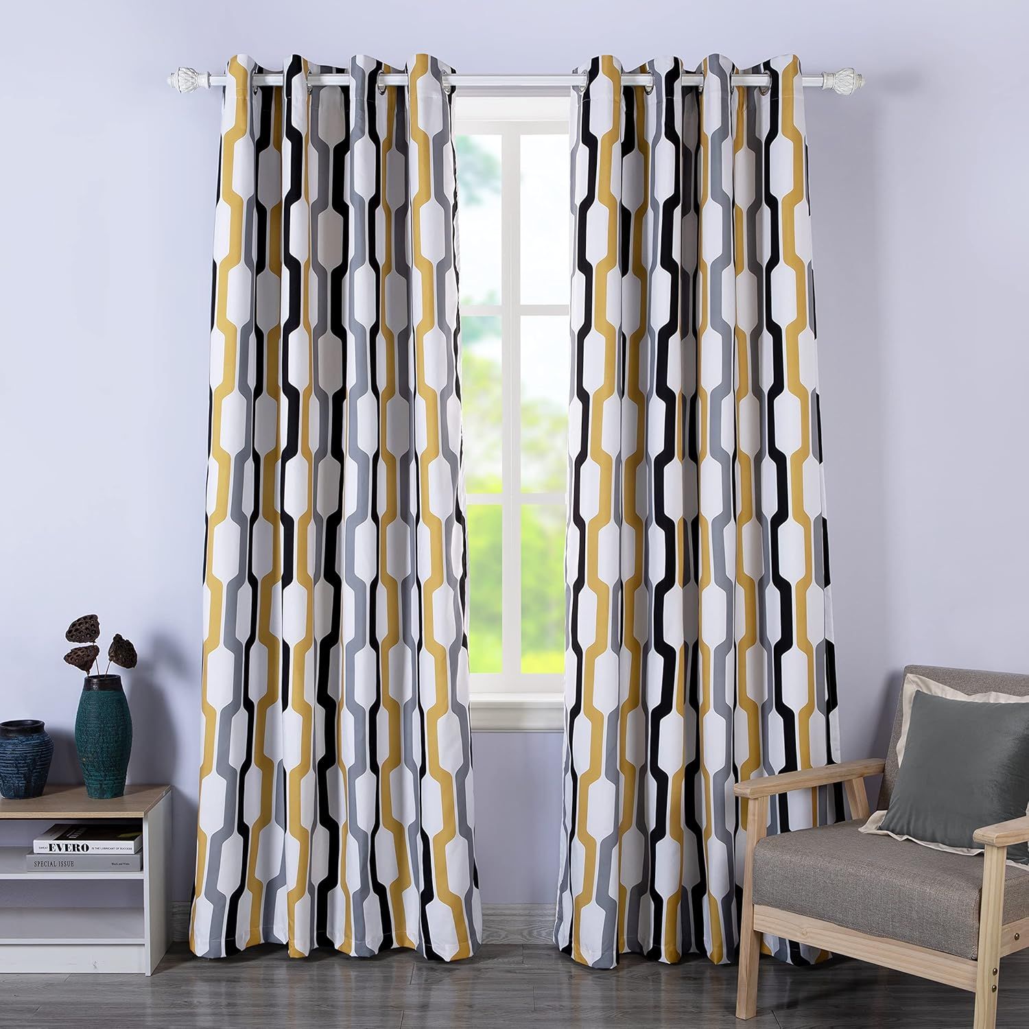 Gold White Geometric Blackout Grommet Curtains, 84 Inch, 2 Panels