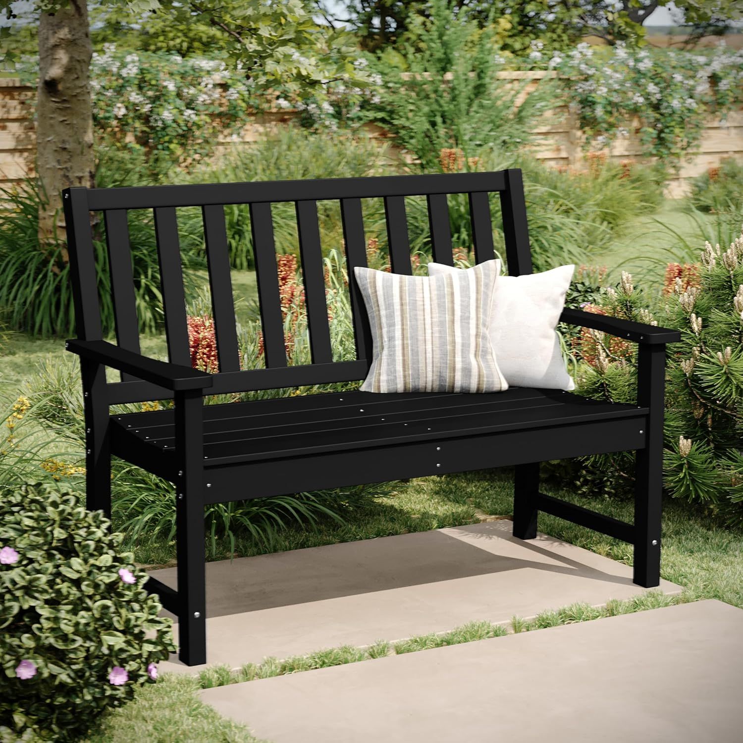 Black 50" Recycled Plastic Outdoor Bench with Arms