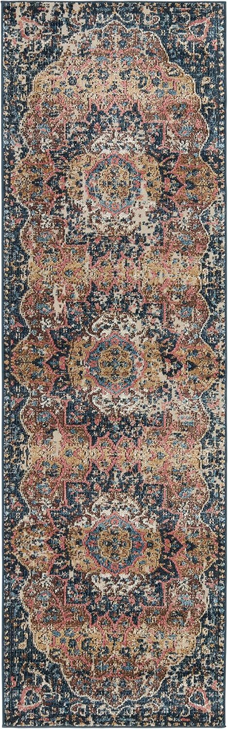 Akela Dark Blue and Multicolor Medallion Runner Rug