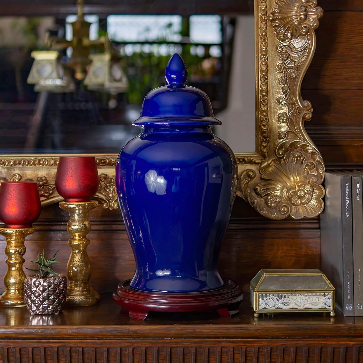 18" Navy Blue Glossy Ceramic Temple Jar