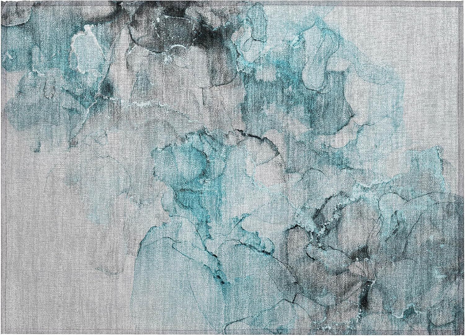 Teal and Gray Abstract Washable Synthetic Rug