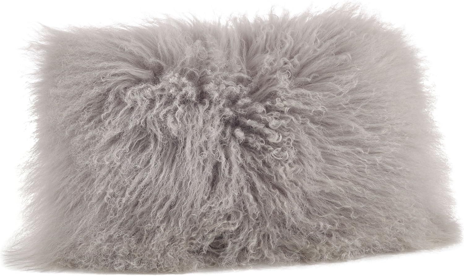 Fog Gray Wool Mongolian Lamb Fur Throw Pillow, 12" x 20"