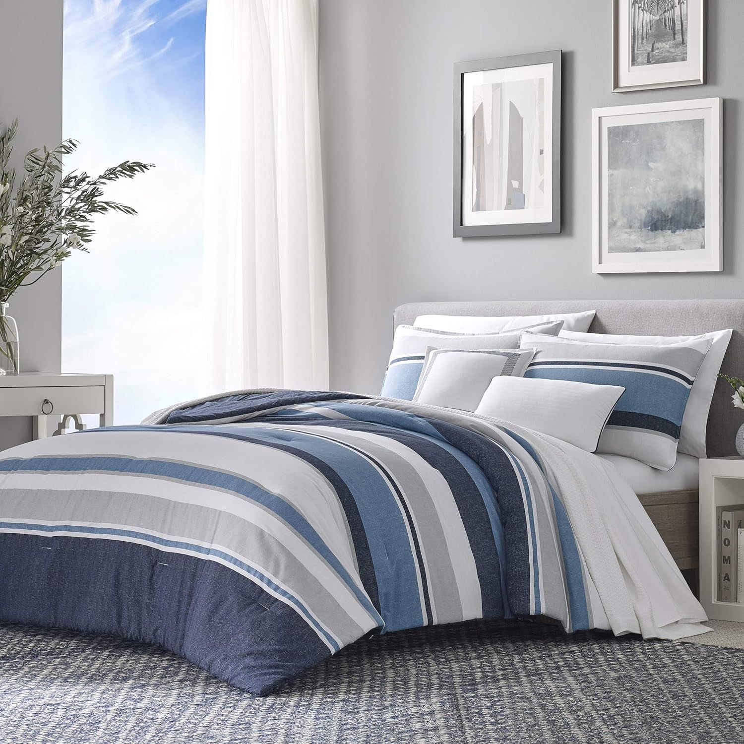 King Size Blue Cotton Reversible Comforter Set with Shams