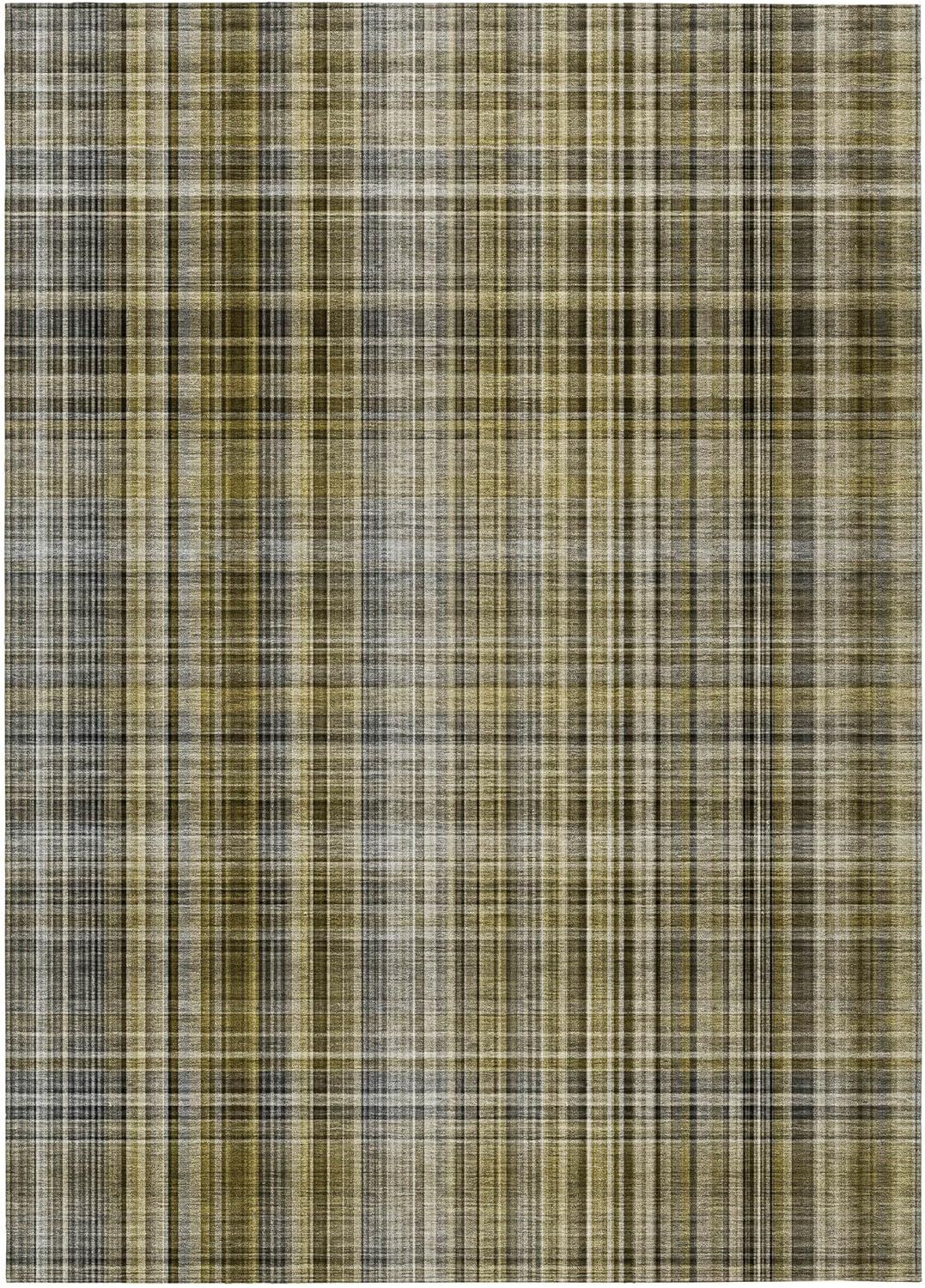 Taupe Plaid Synthetic 5' x 7' Washable Area Rug