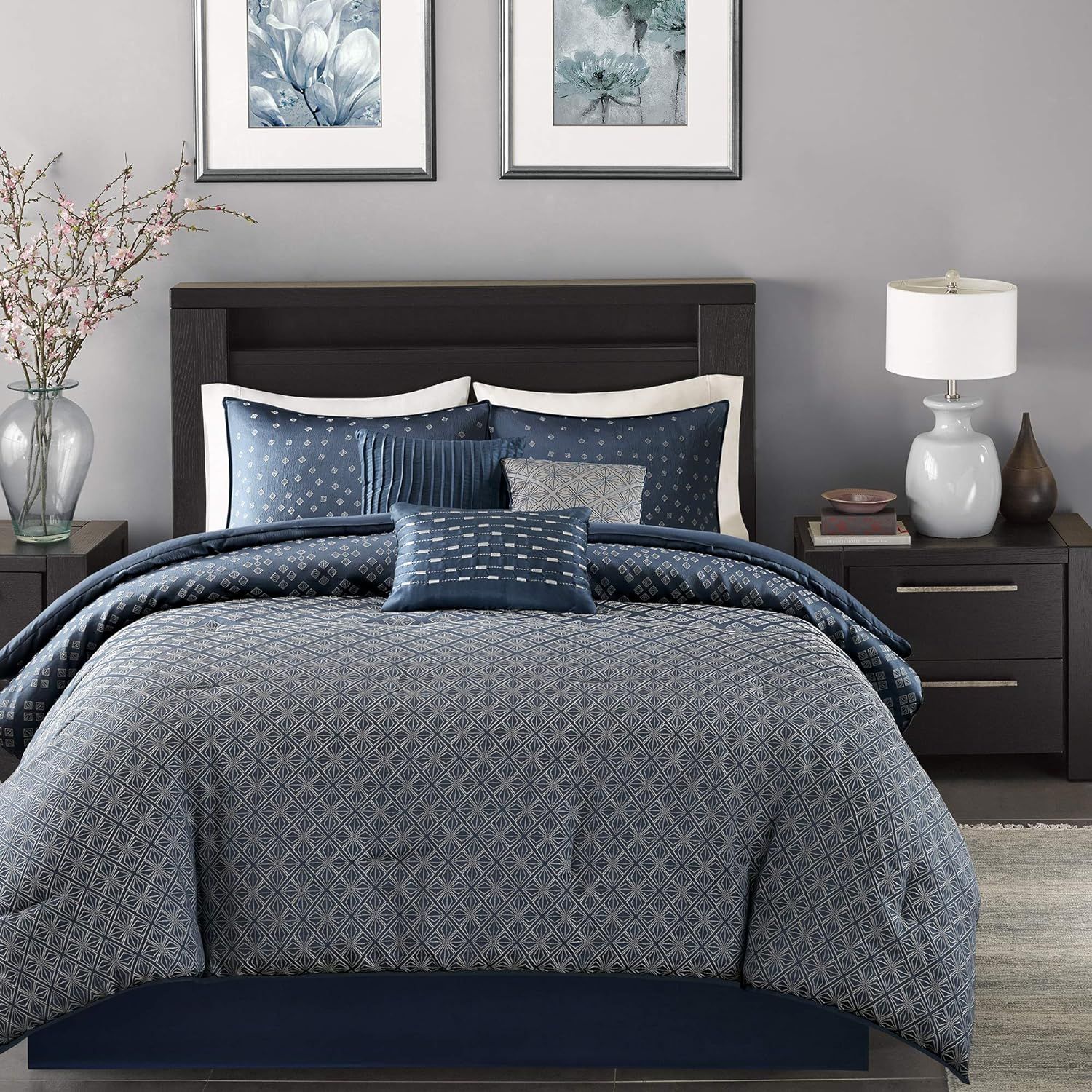 Navy Jacquard King Comforter Set with Decorative Pillows