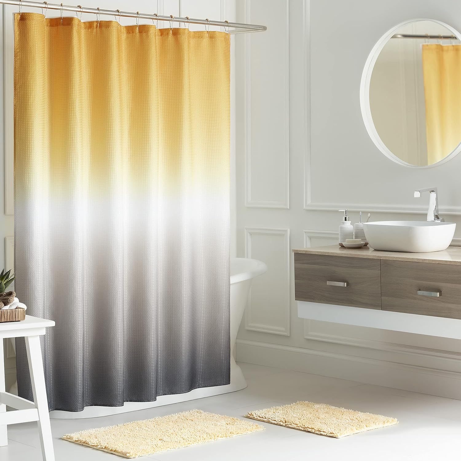 Golden Yellow and Gray Ombre Polyester Bathroom Shower Curtain Set
