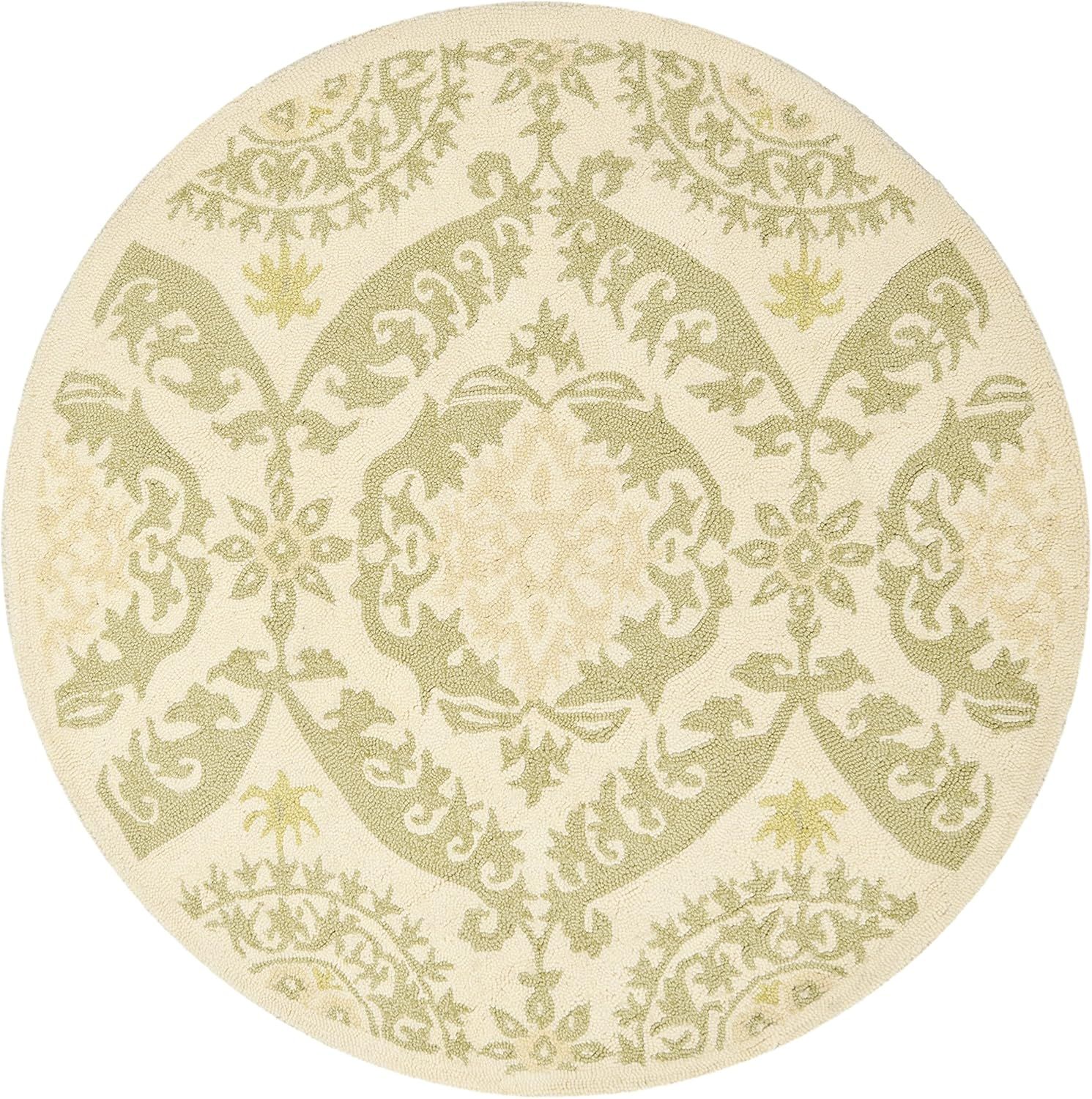 Ivory and Green Floral Hand-Hooked Wool Round Rug