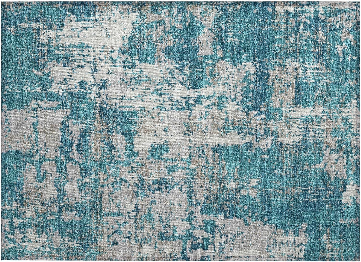 Teal Abstract Flat Woven Washable Indoor Outdoor Rug