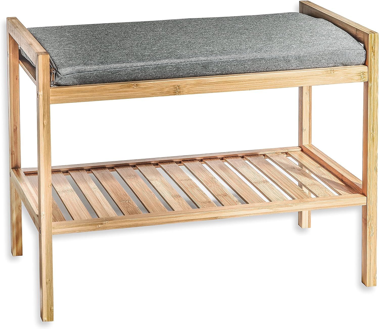 Bamboo Wood Shoe Storage Bench with Gray Cushion