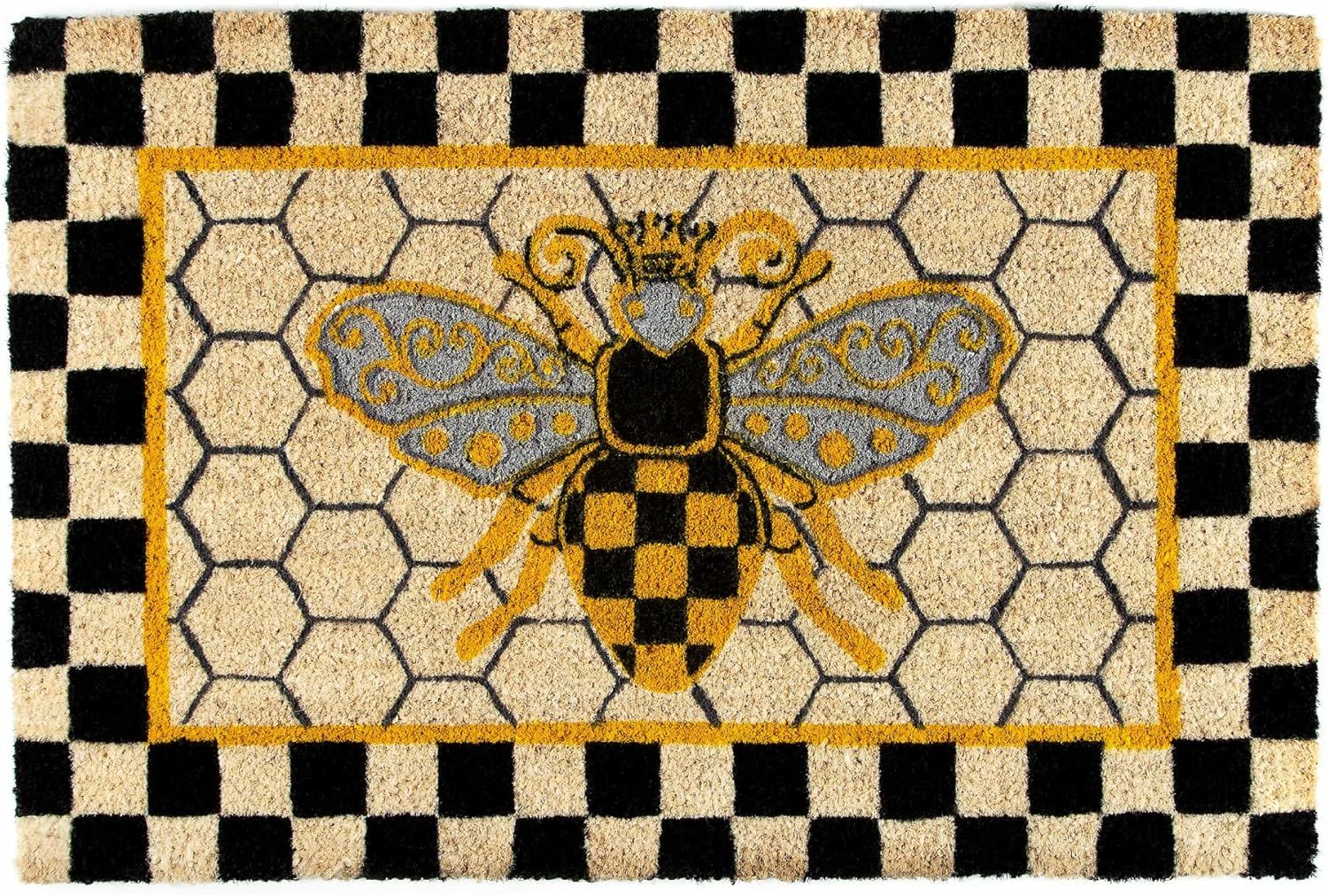 Low Pile Coir Queen Bee Outdoor Doormat with Wood Back