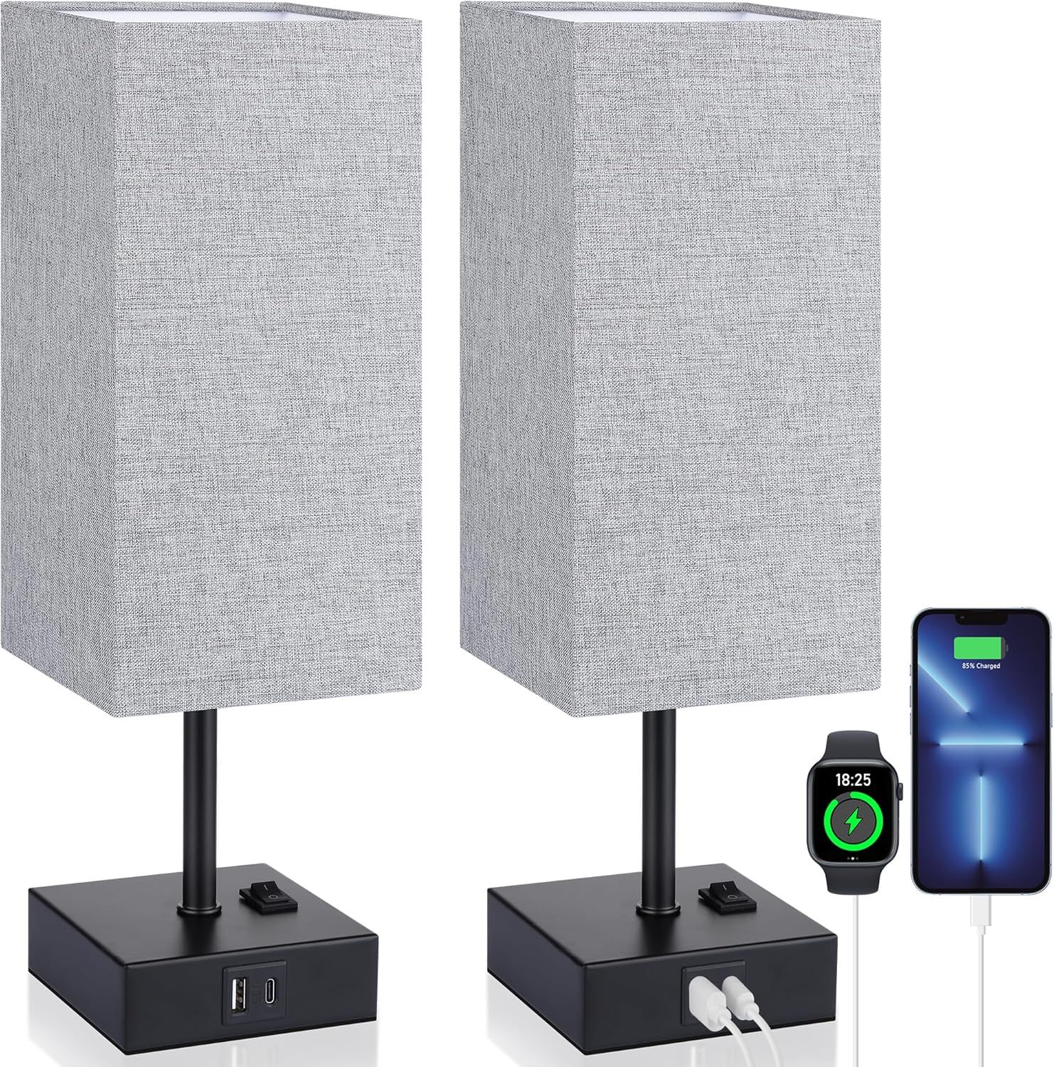 Set of 2 Gray Linen Touch Control Bedside Lamps with USB Ports