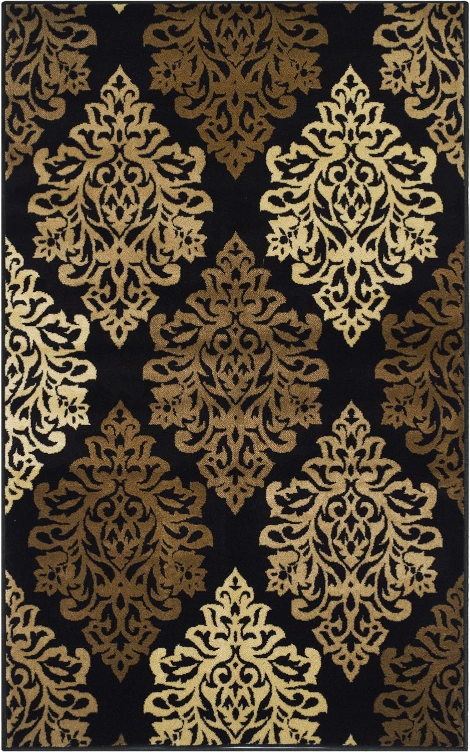 Black and Beige Floral Damask 4' x 6' Synthetic Area Rug