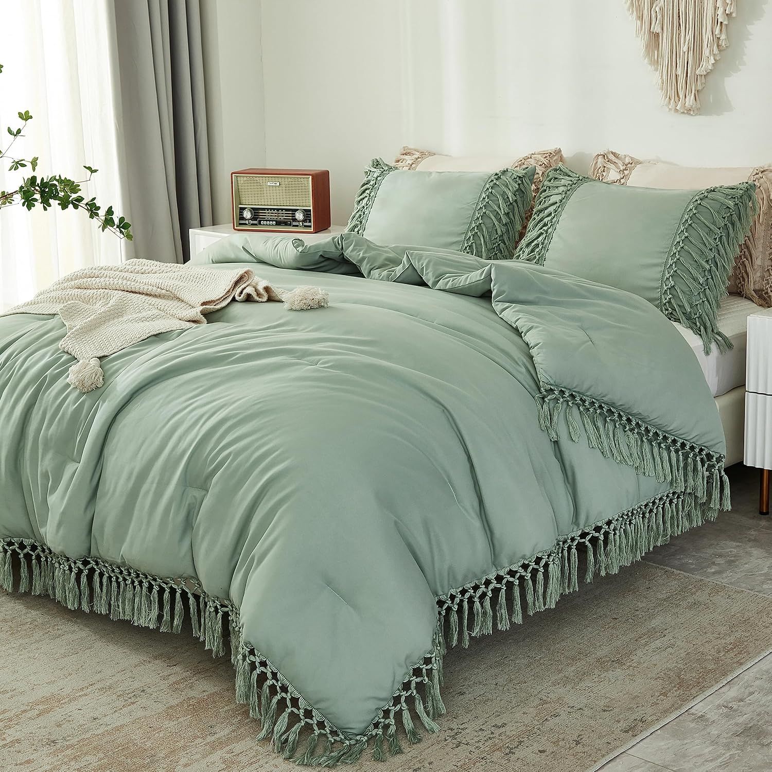 Sage Green King Microfiber Boho Tassel Comforter Set