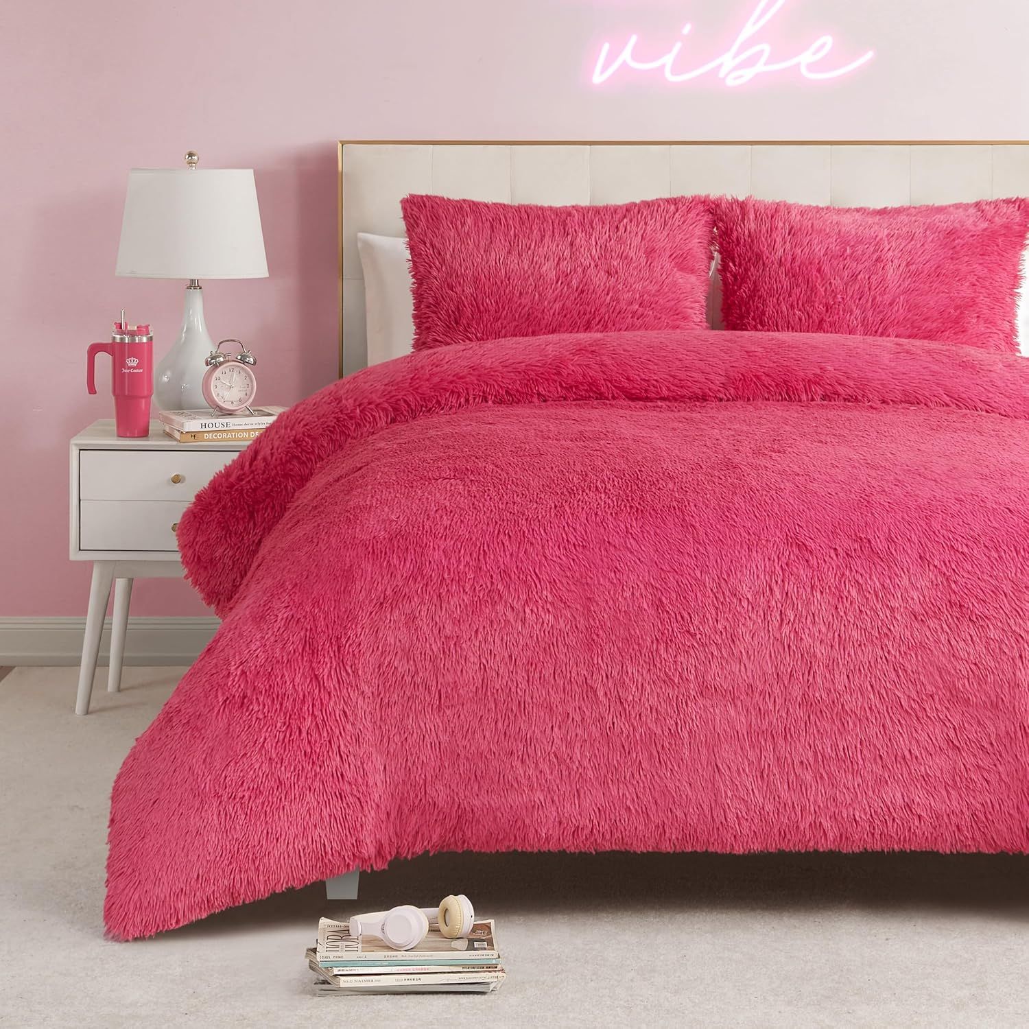 Hot Pink Twin Faux Fur Comforter Set with Shams