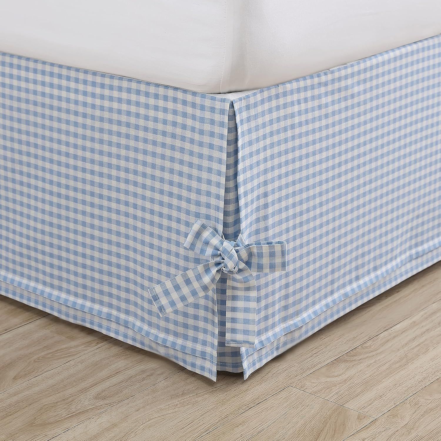 Hedy Blue and White Cotton Twin Bedskirt with Bow Ties