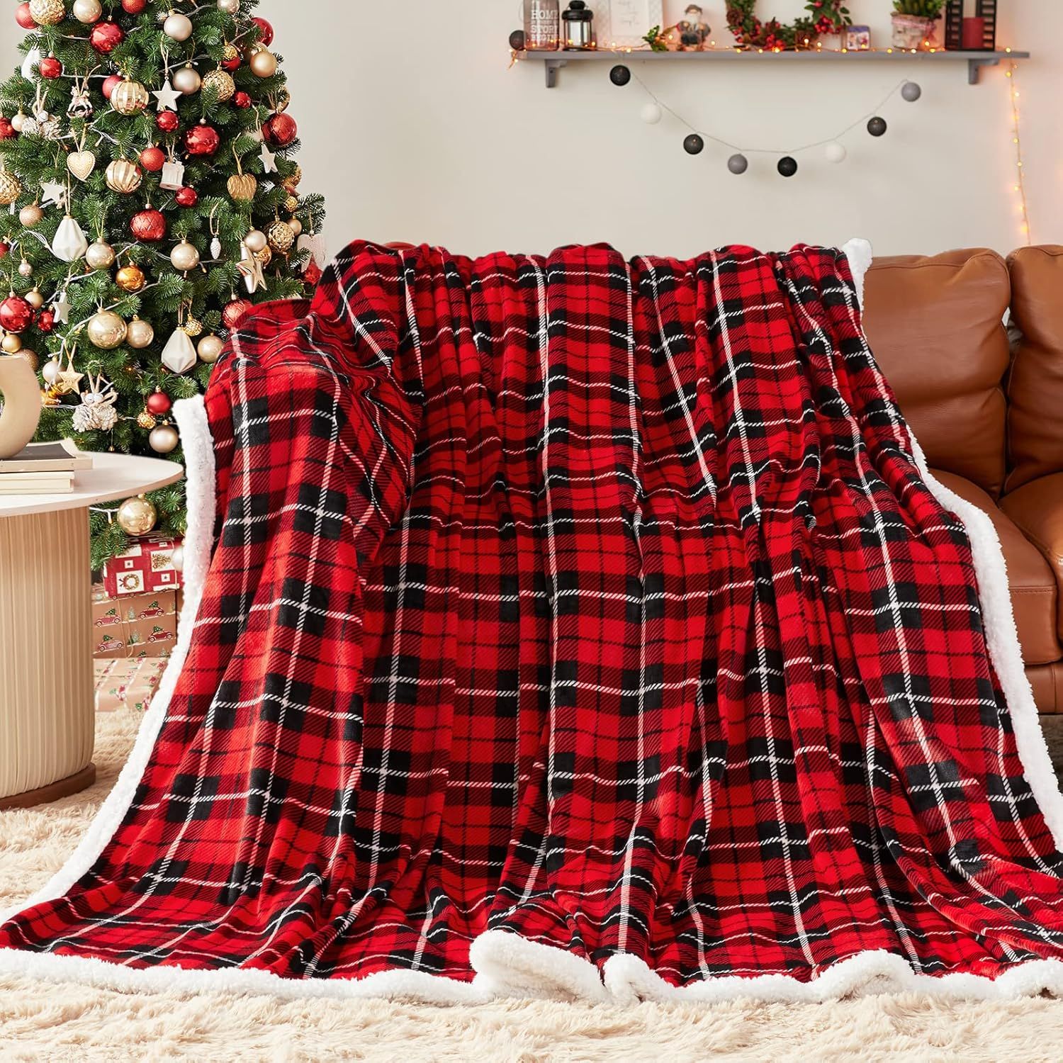 Red Plaid Sherpa Fleece Reversible Throw Blanket