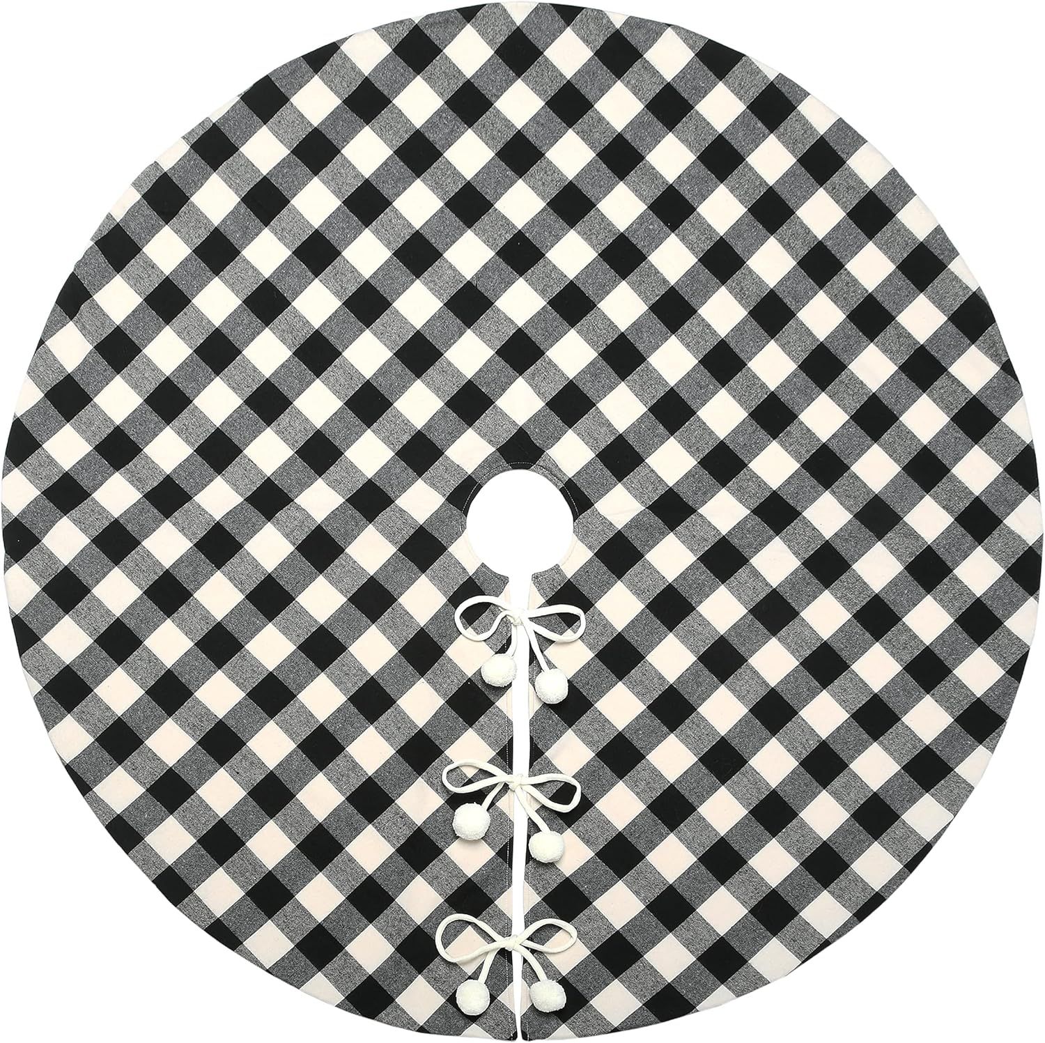 Black and White Plaid 52-Inch Christmas Tree Skirt with Pom Poms