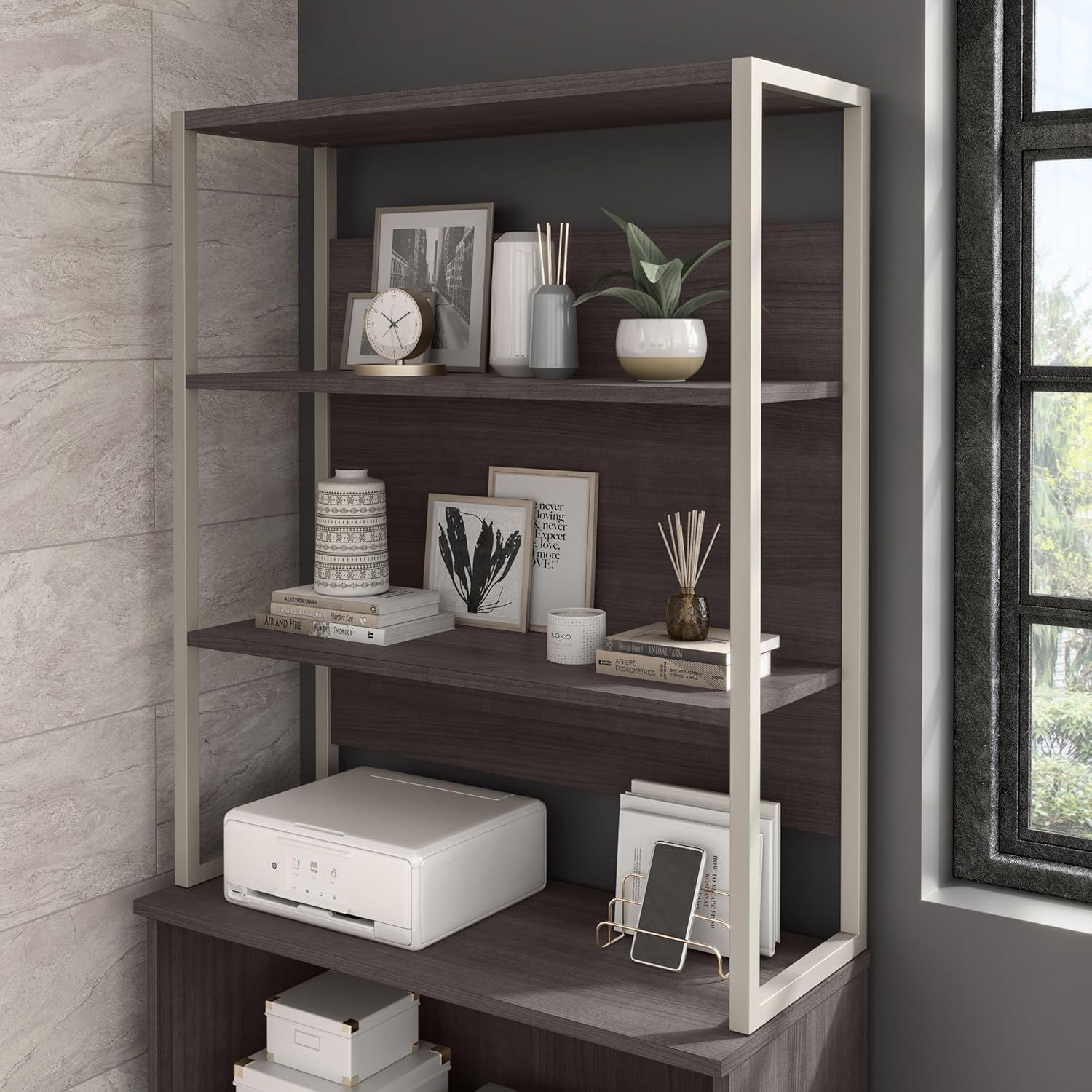 Modern Hickory Adjustable 4-Shelf Tall Etagere Bookcase