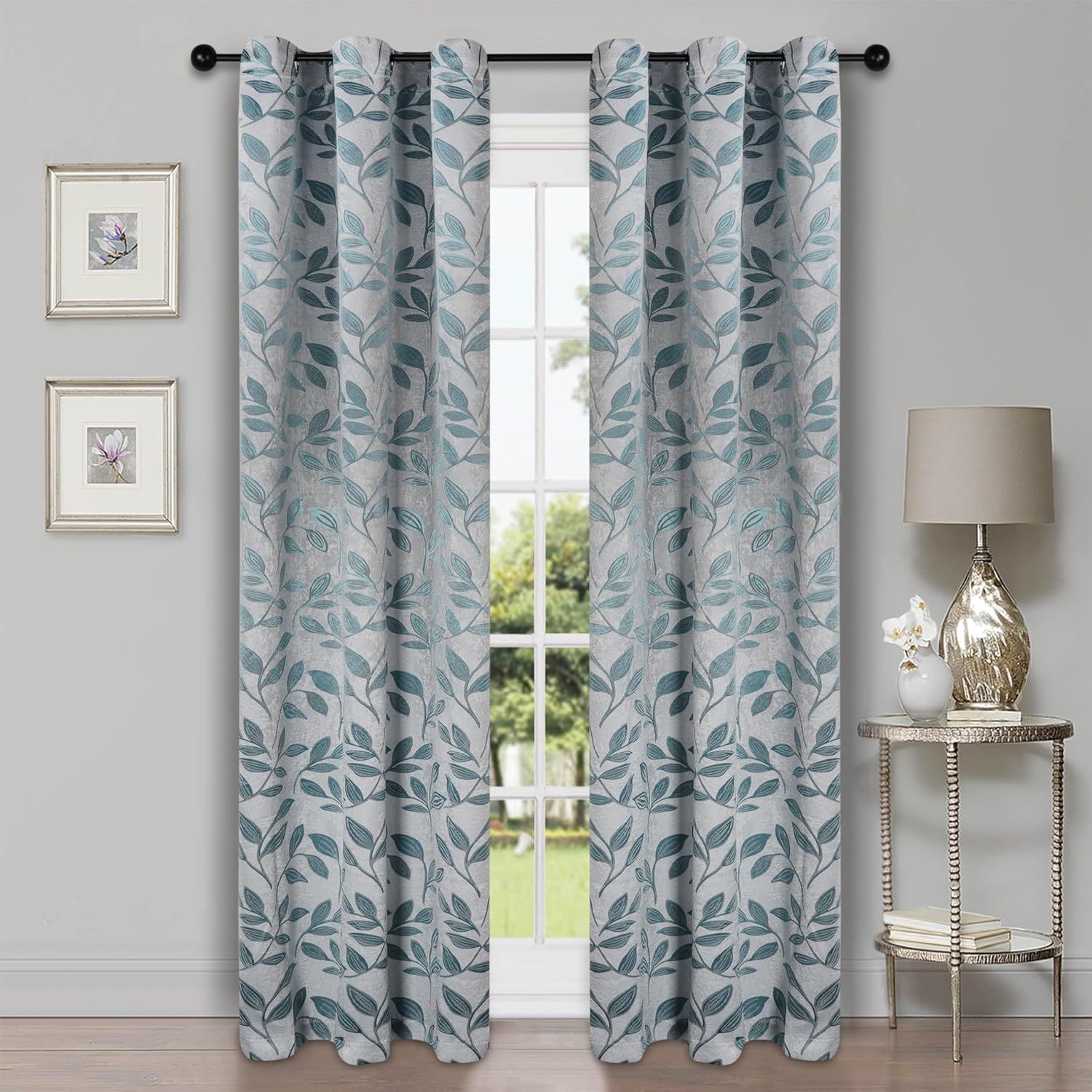 Teal Leaf Pattern Blackout Polyester Window Panels, 42" x 63"