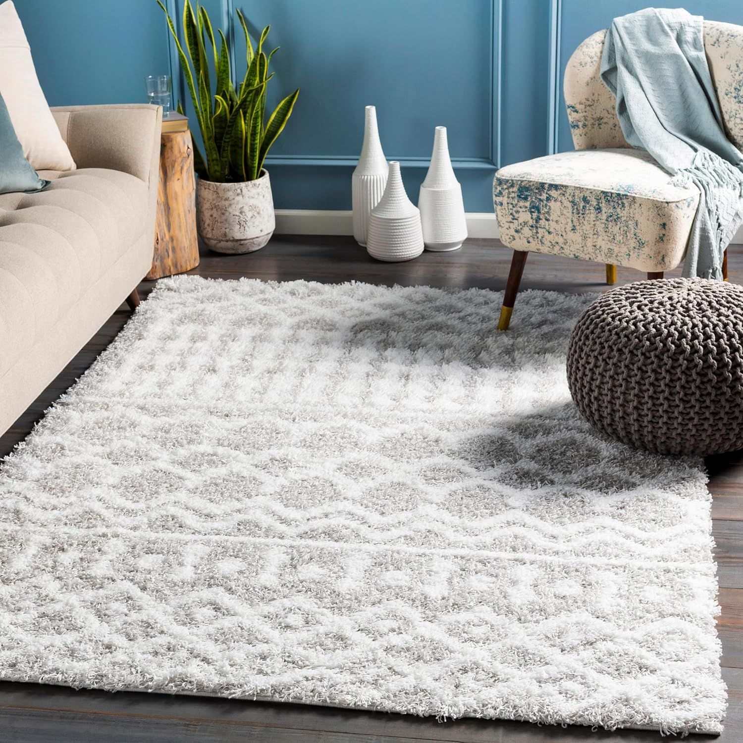 Large White and Light Gray Synthetic Shag Area Rug