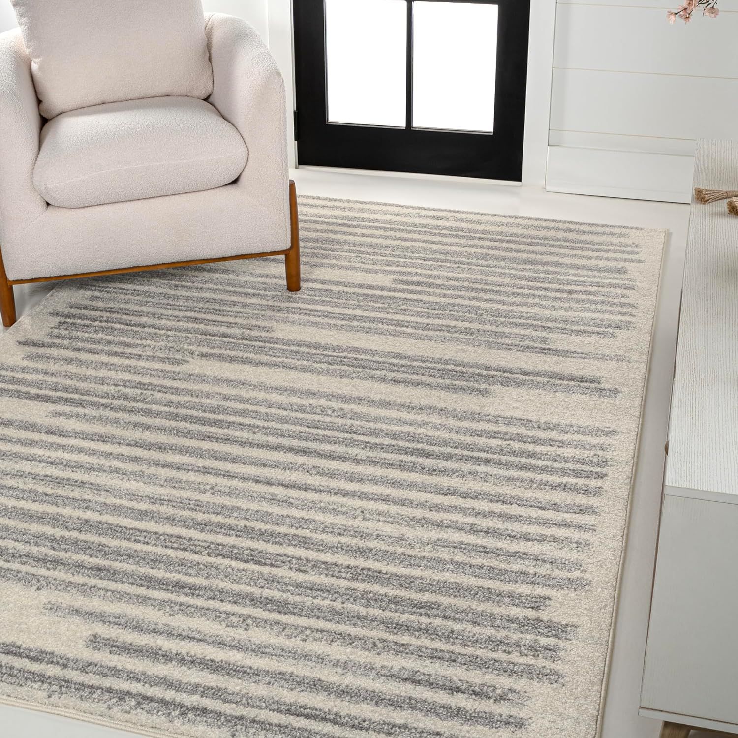 Khalil 4' x 6' Gray and Cream Synthetic Stripe Area Rug