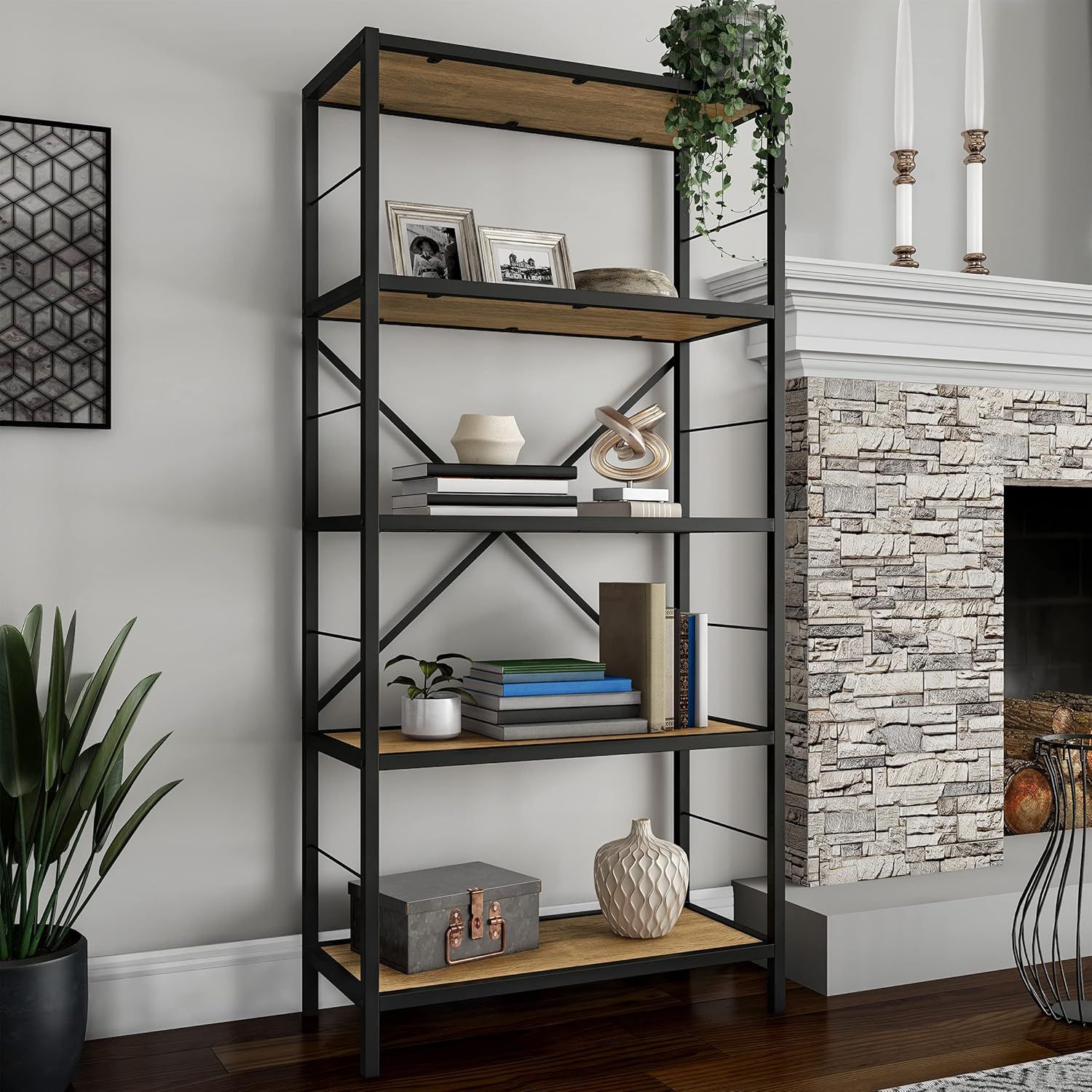 Industrial Oak Woodgrain 5-Tier Black Steel Bookshelf