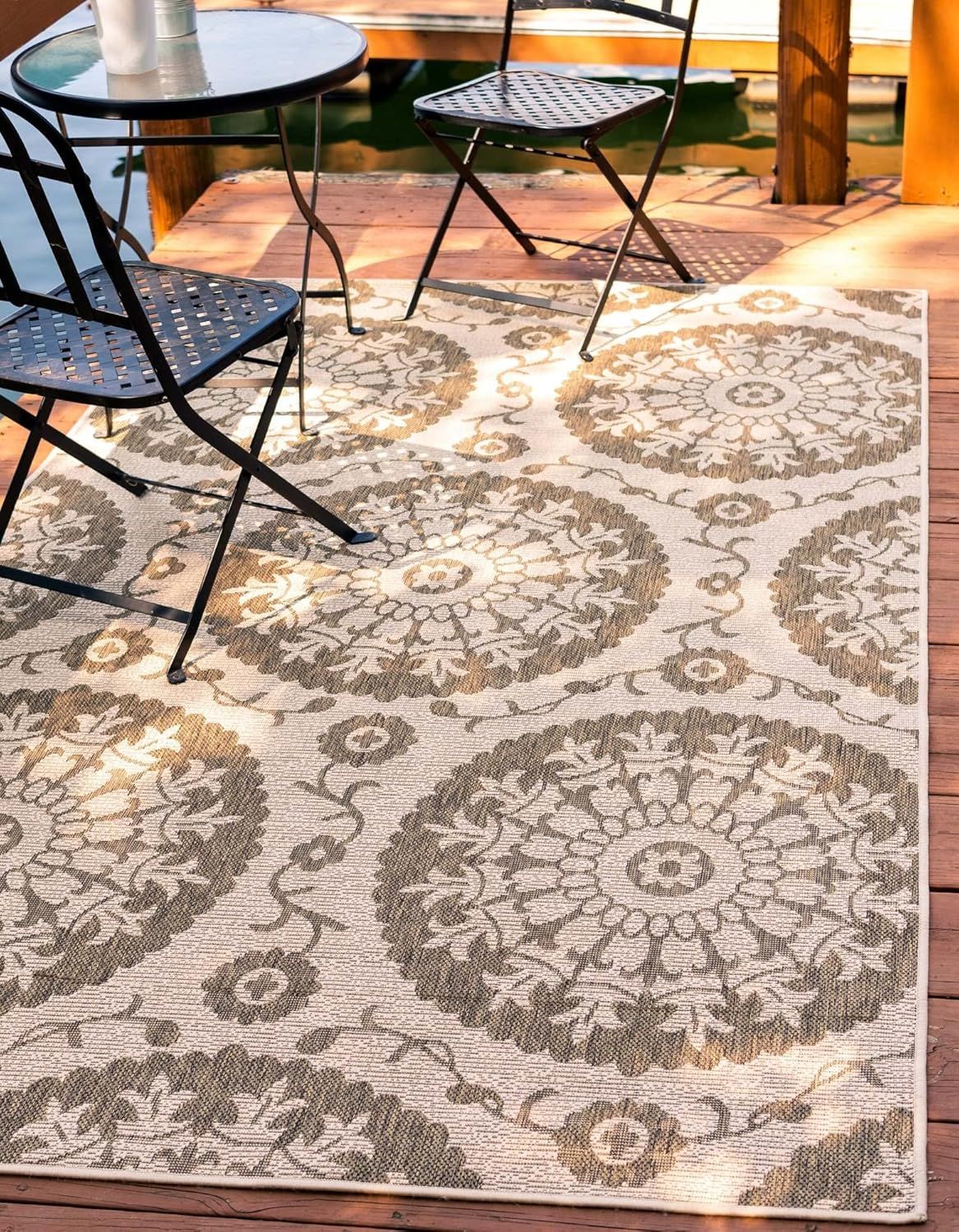 Brown and Beige Abstract Outdoor Synthetic Area Rug