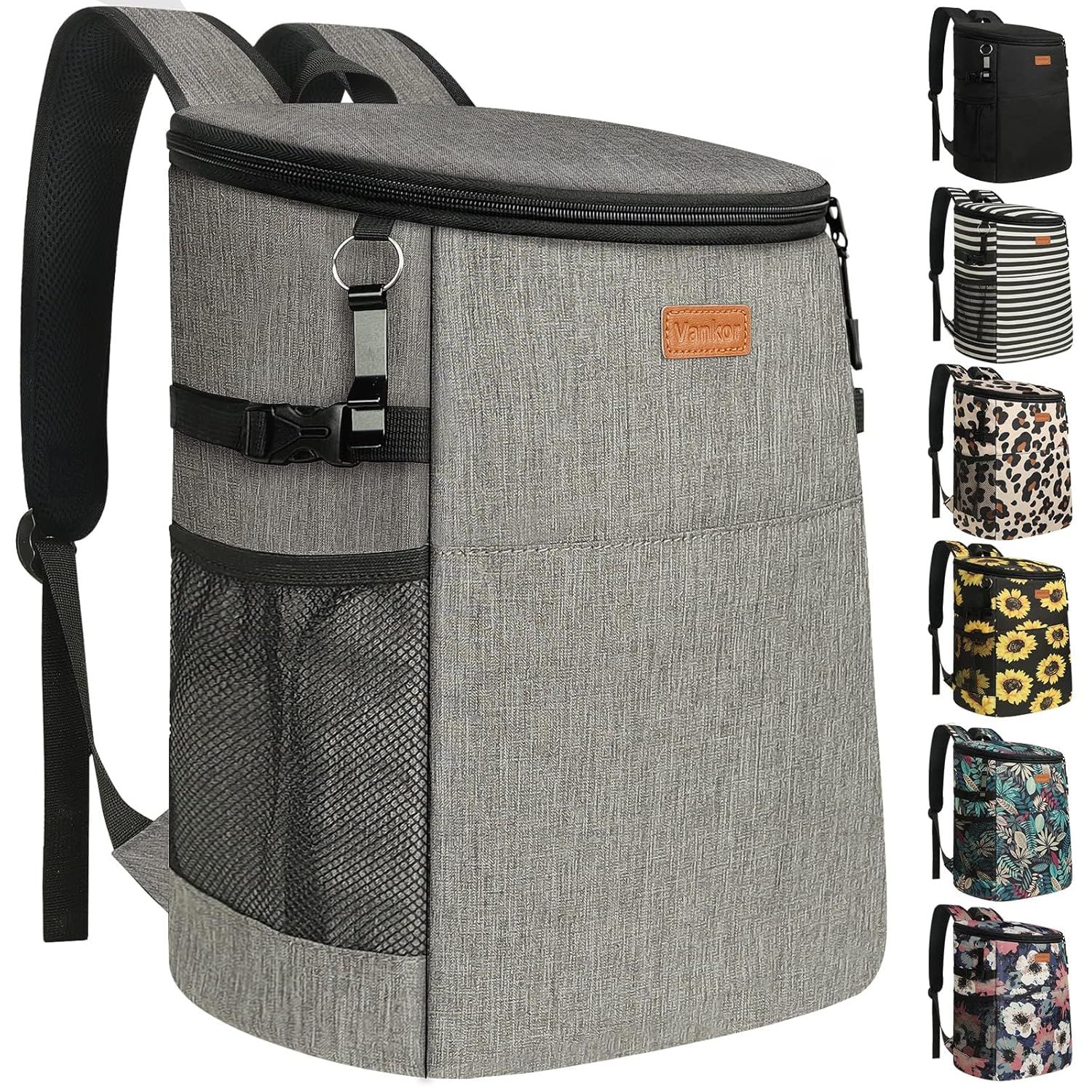 Gray Insulated Leak-Proof Cooler Backpack with Mesh Pockets