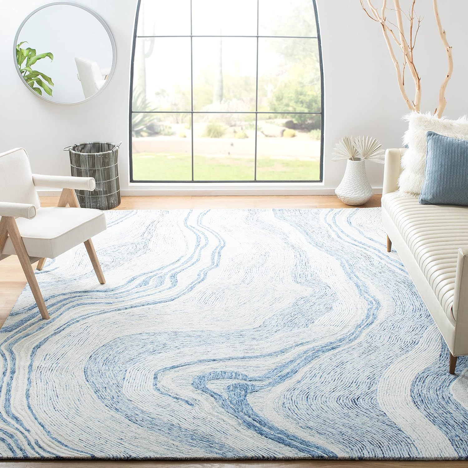 Handmade Blue and Ivory Wool Abstract Area Rug