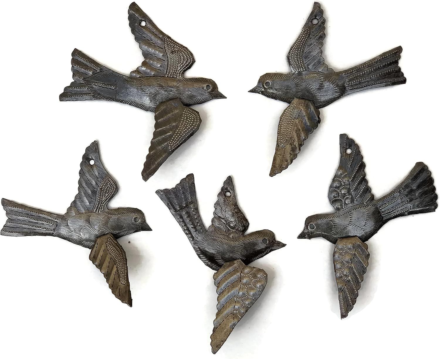 Handmade Metal Birds Wall Art with 3D Wings, Set of 5