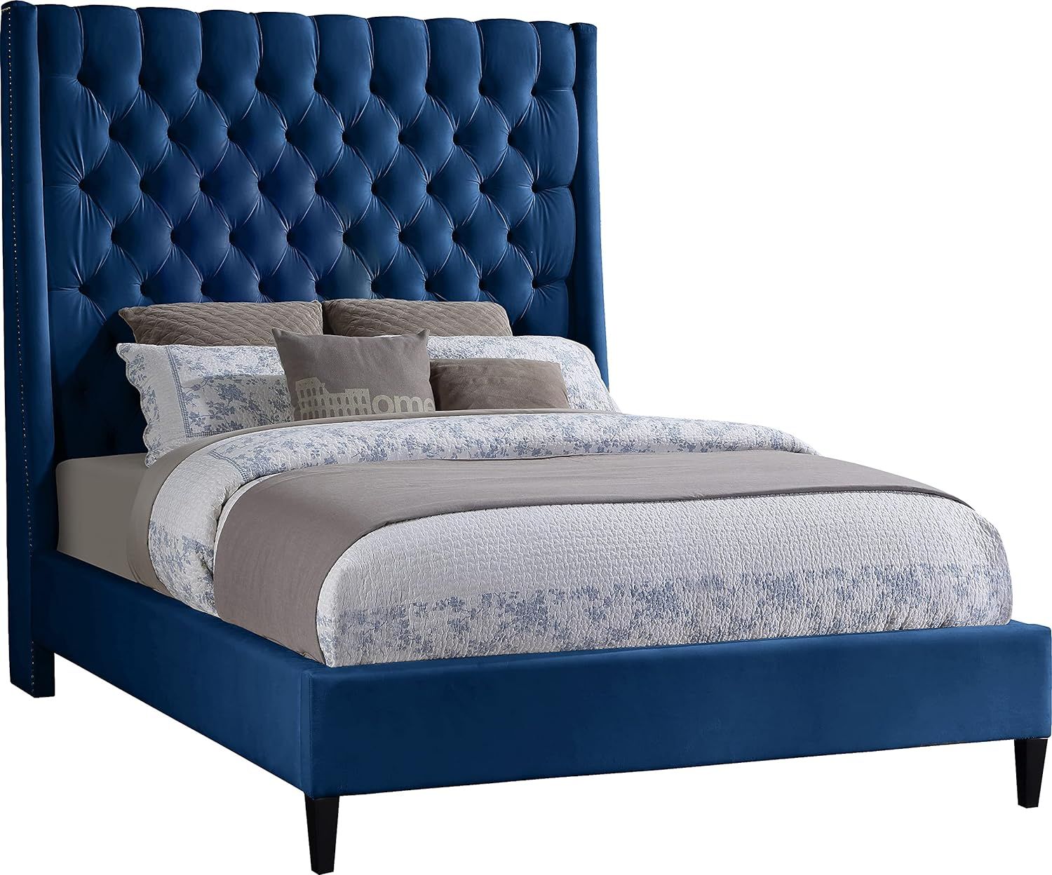 Elegant Navy Velvet Full Bed with Brass Nailhead Trim and Tufted Headboard