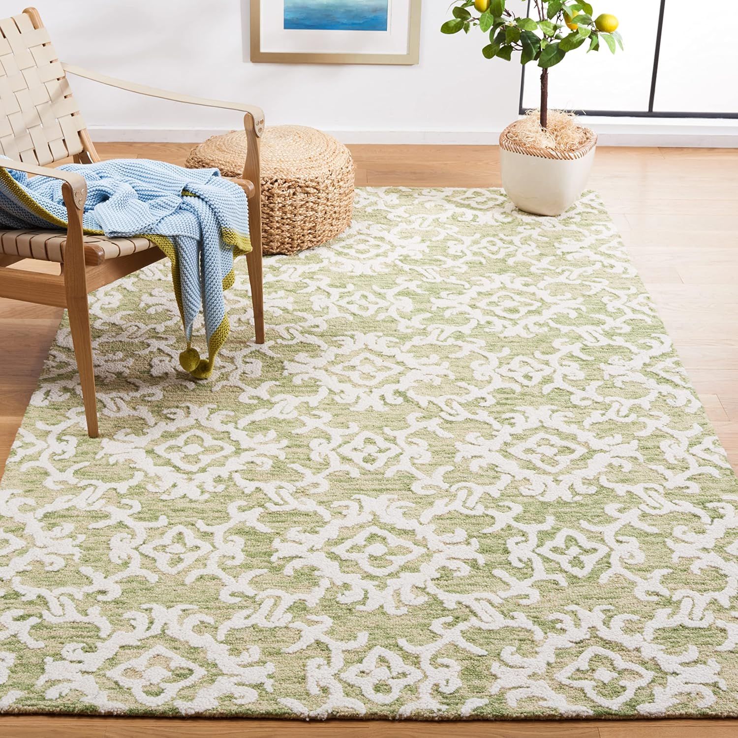 Light Green and Ivory Floral Wool 9' x 12' Handmade Tufted Area Rug