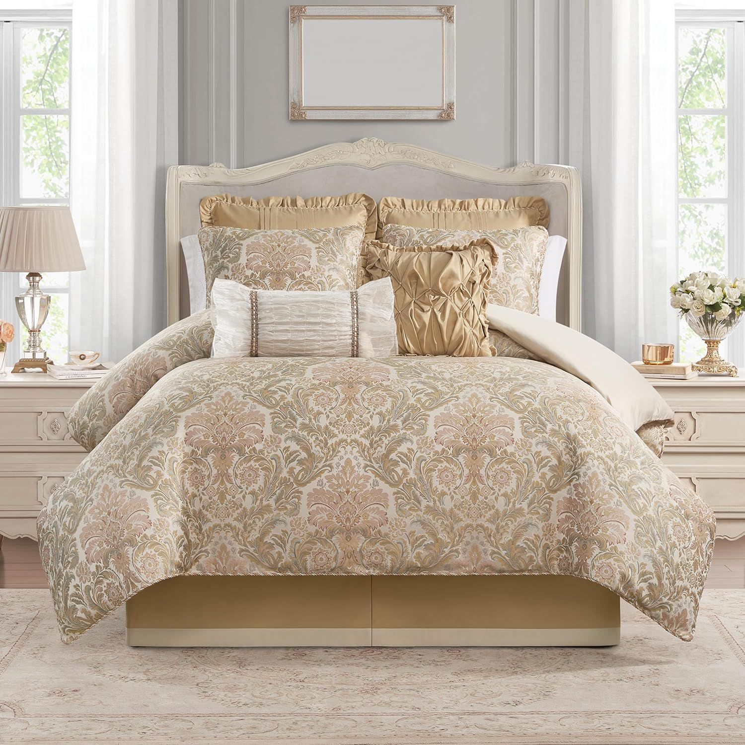 Oatmeal and Gold Jacquard King Bedspread Set