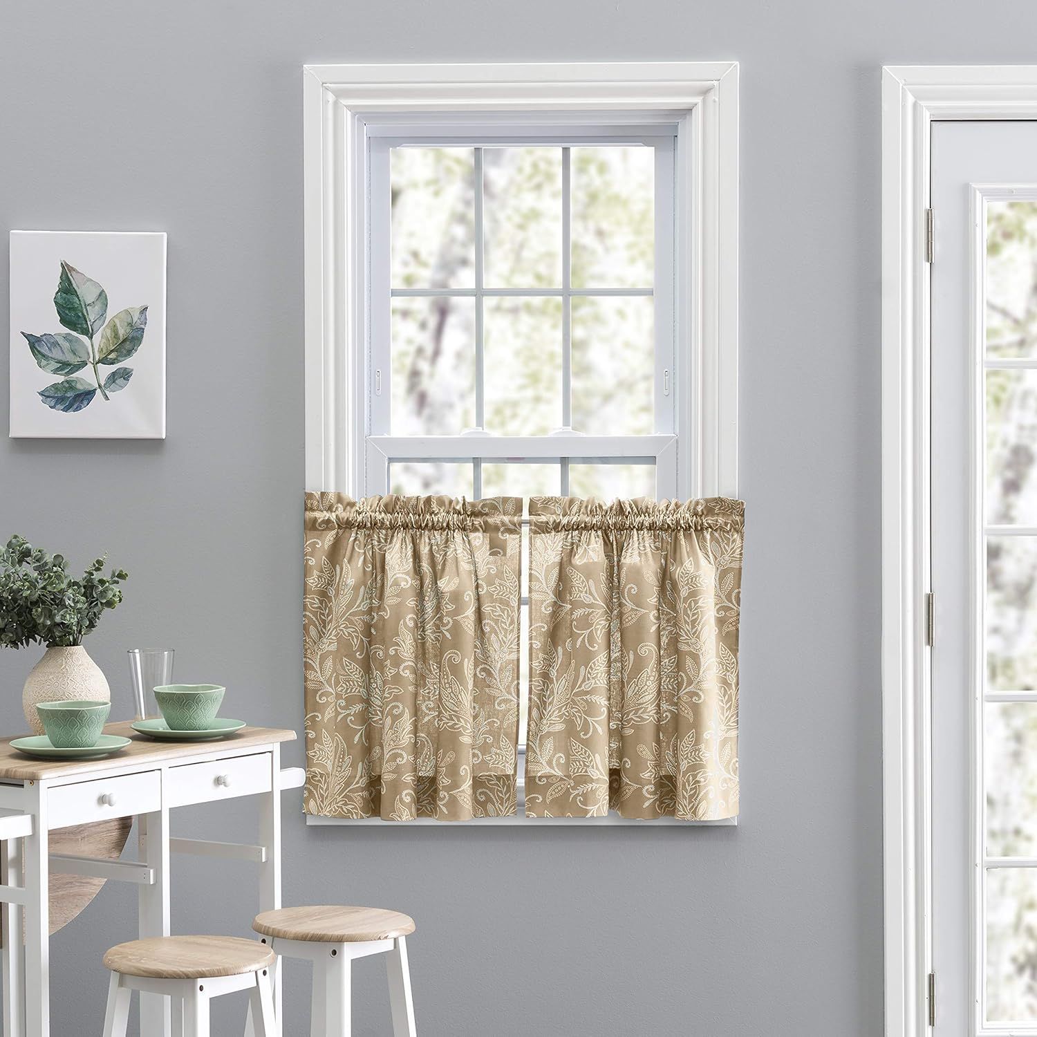 Tan Leaf Pattern Poly-Cotton Rod Pocket Curtain Tiers