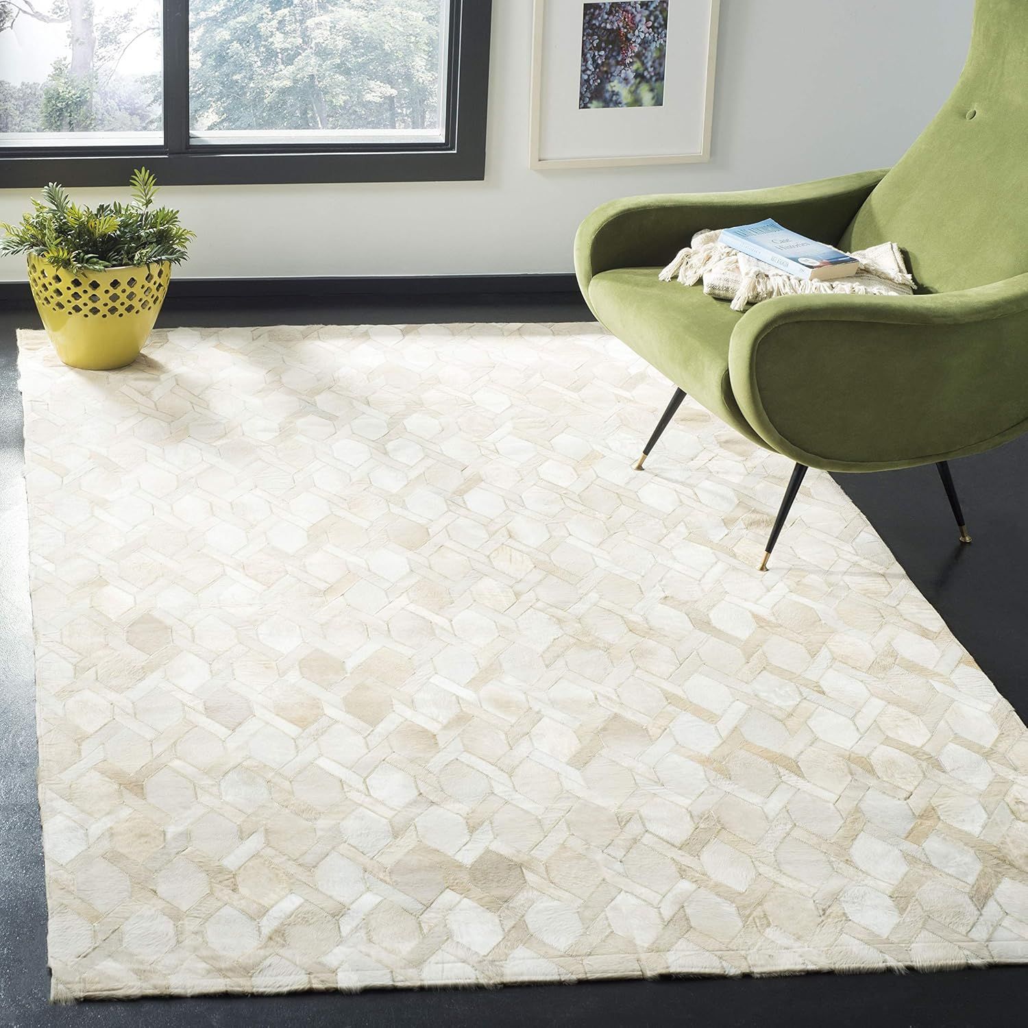 Ivory Geometric Handmade Wool and Cowhide Area Rug