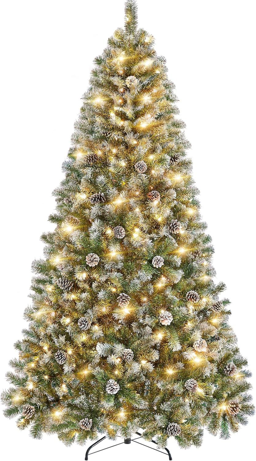 6ft Snow Flocked Pre-Lit Christmas Tree with Pinecones