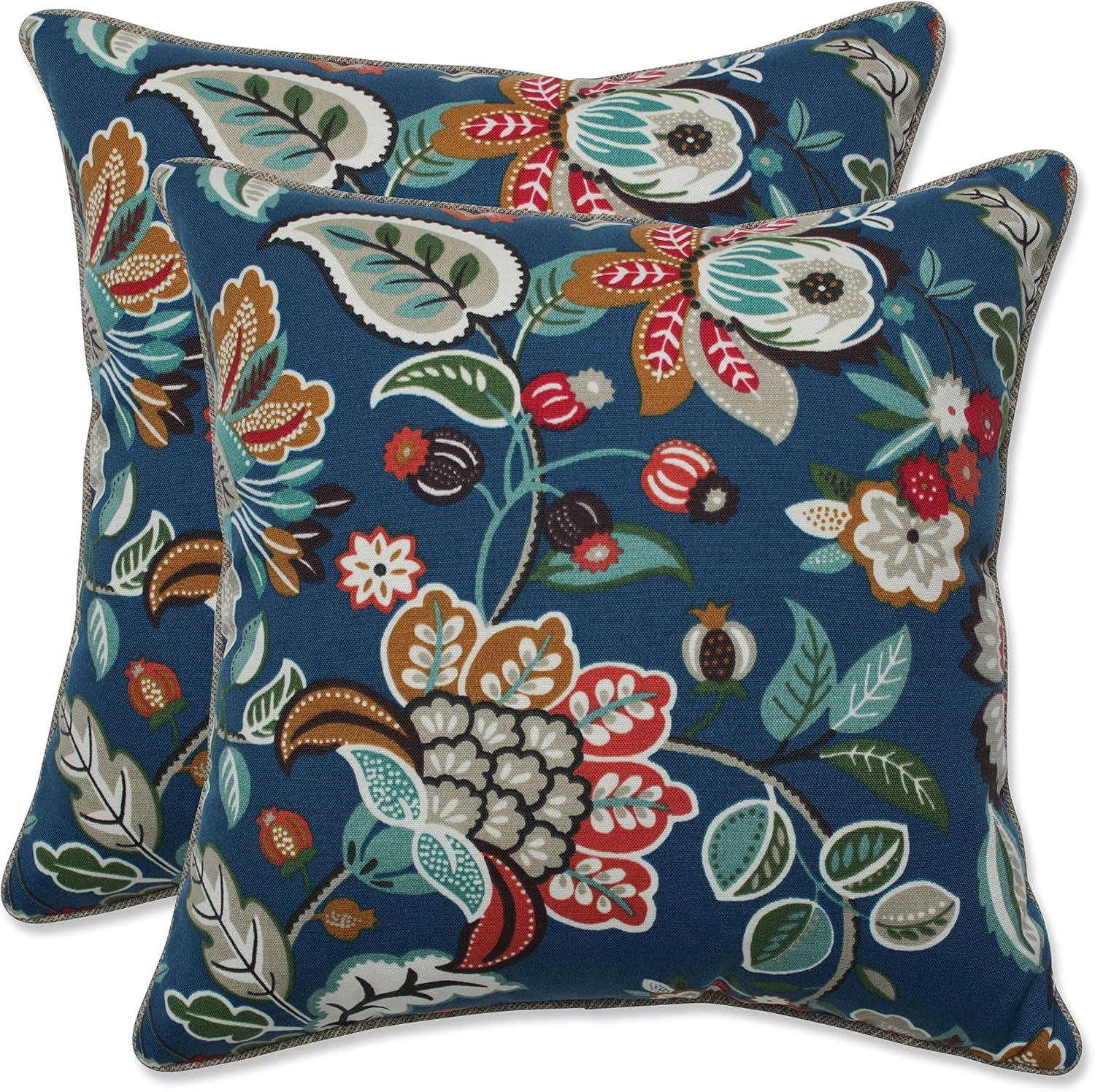 Blue and Tan Botanical Pattern Outdoor Throw Pillow Set