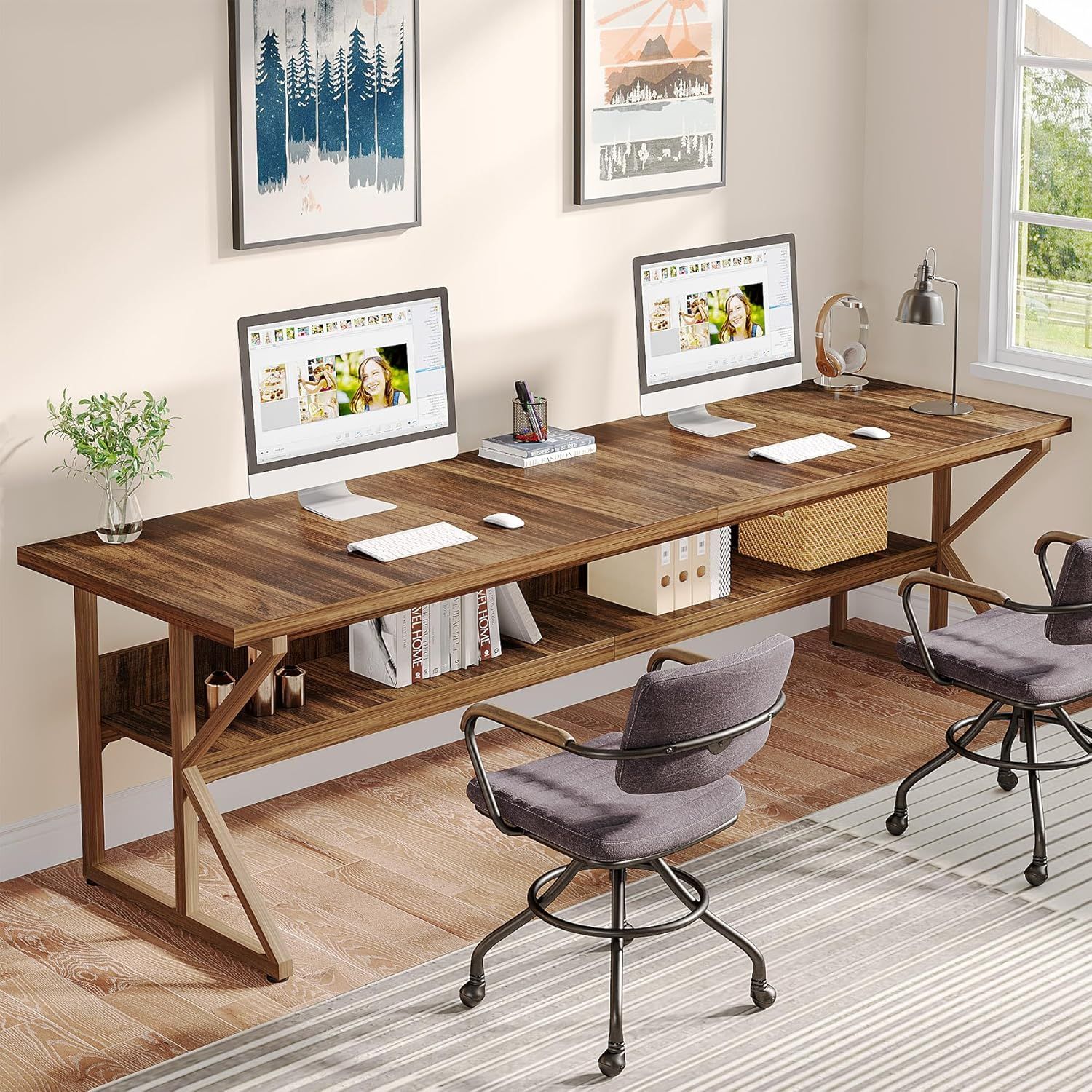 Brown Wood 79-Inch Double Desk with Storage Shelf