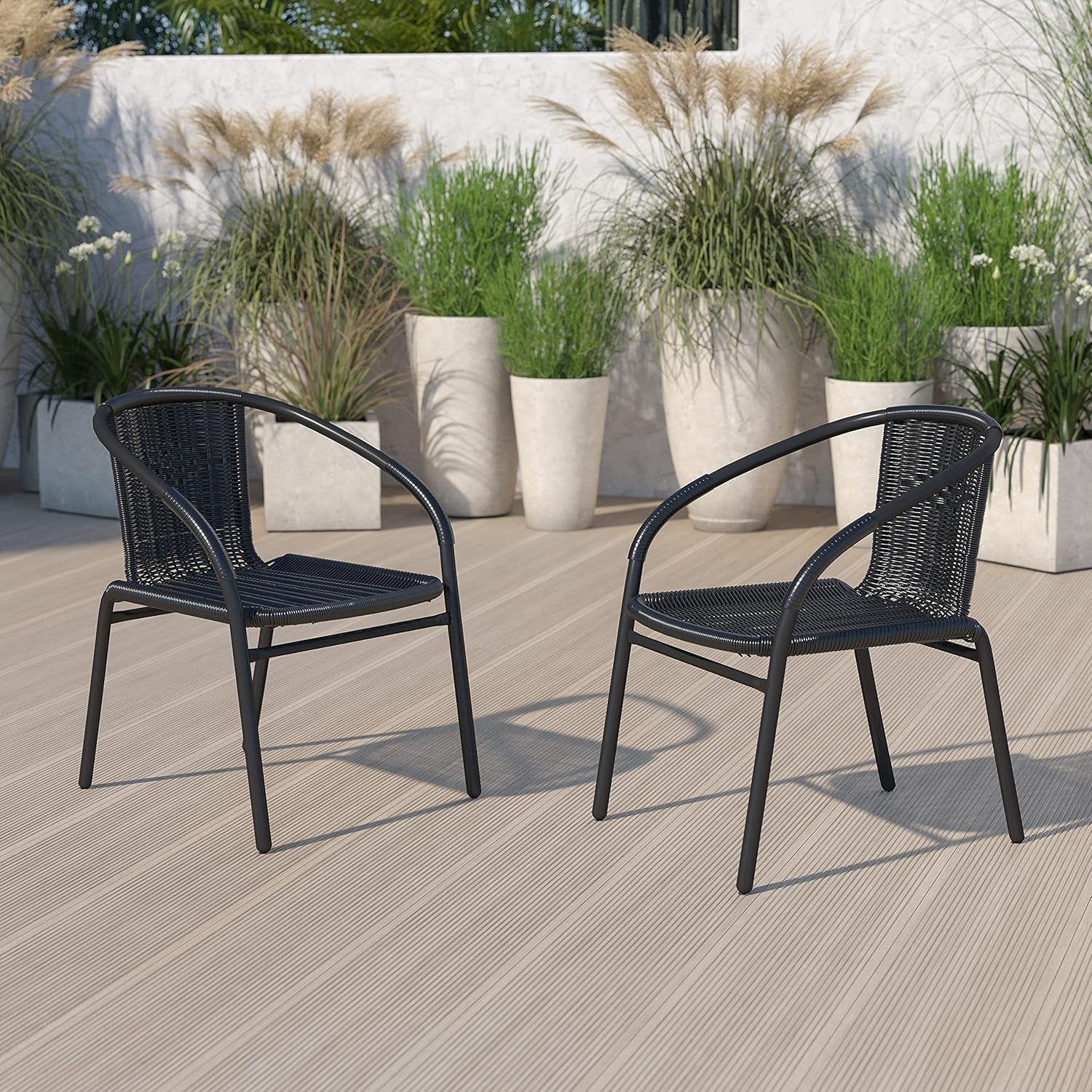 Black Rattan Indoor-Outdoor Stackable Dining Chairs with Metal Frame