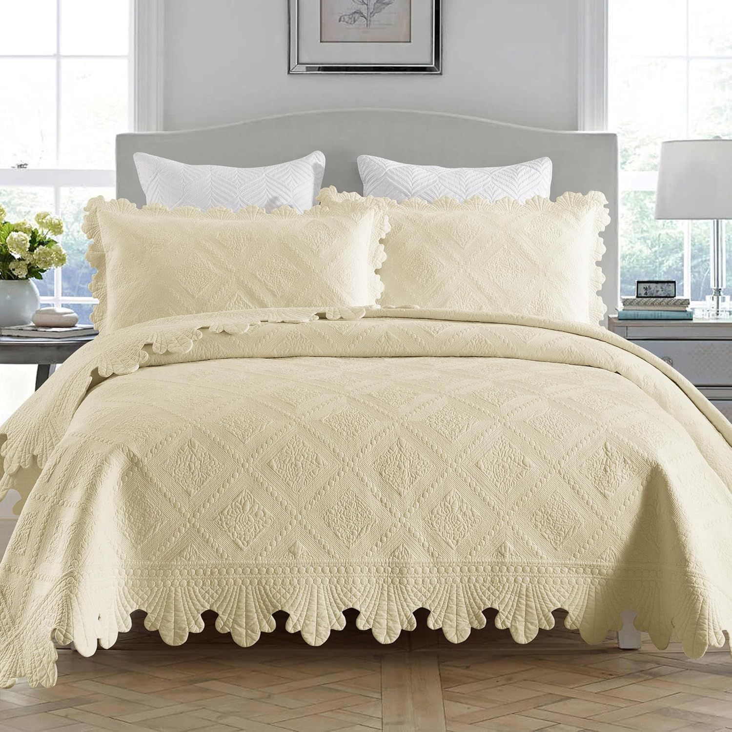 Beige Khaki Cotton Queen Bedspread Set with Embroidery