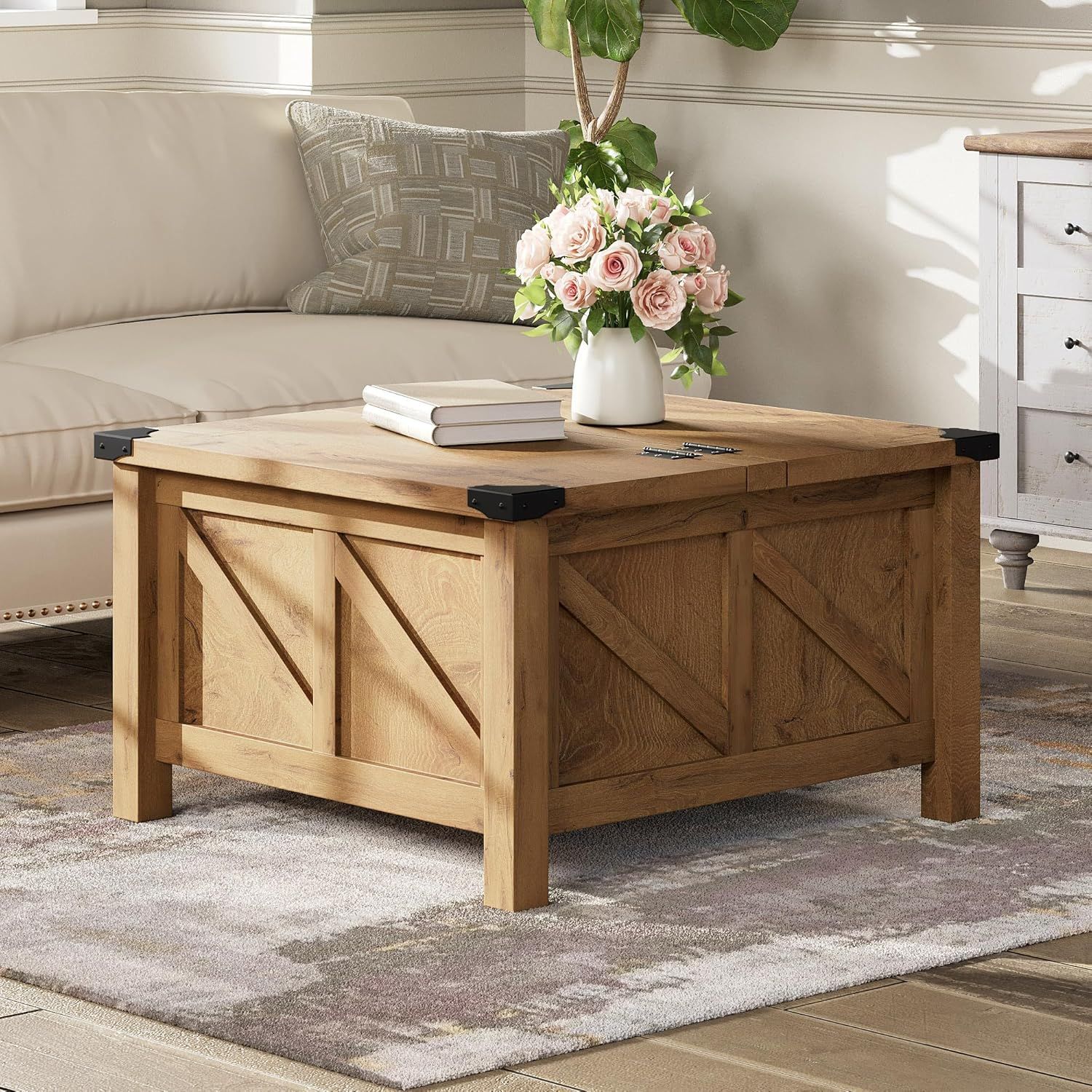 Oak Square Farmhouse Coffee Table with Metal Accents and Storage